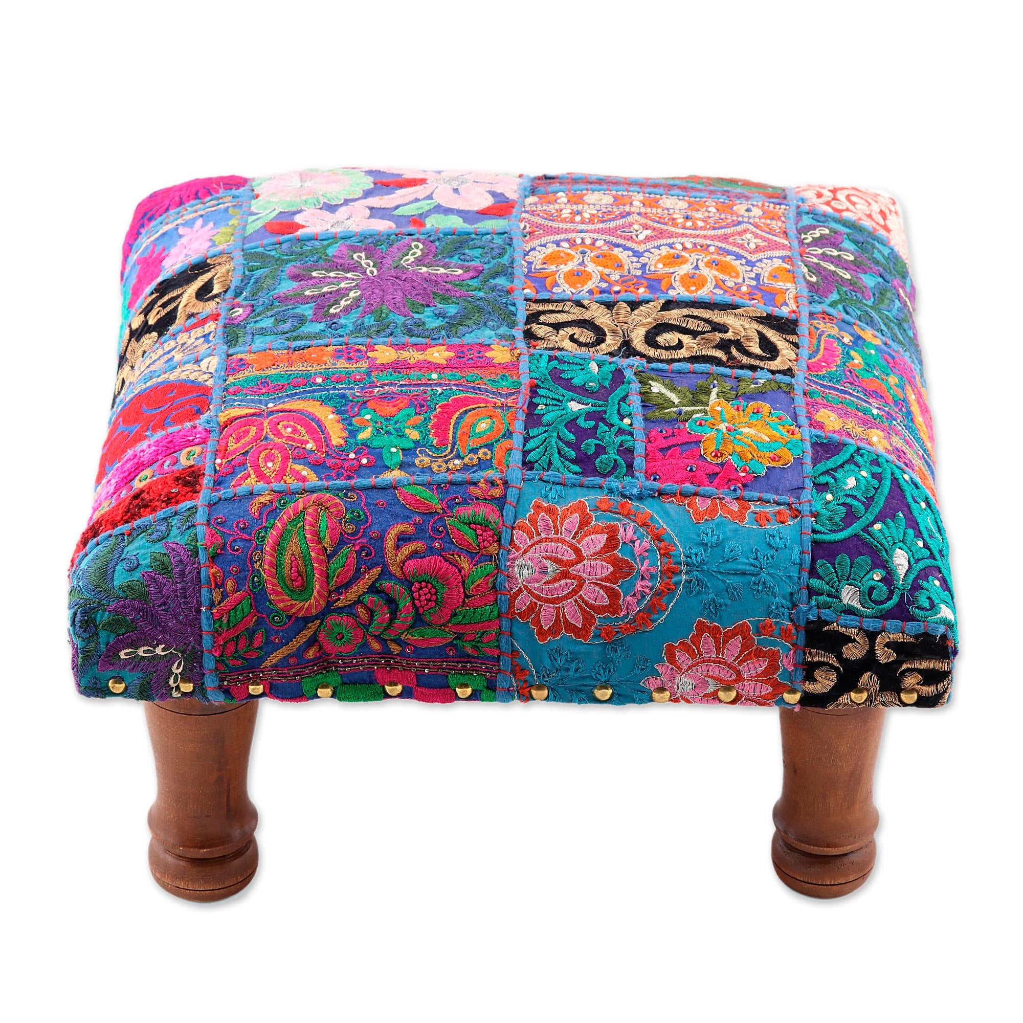 Premium Handcrafted Patchwork Ottoman Footstool - Rajasthani Artisan Design