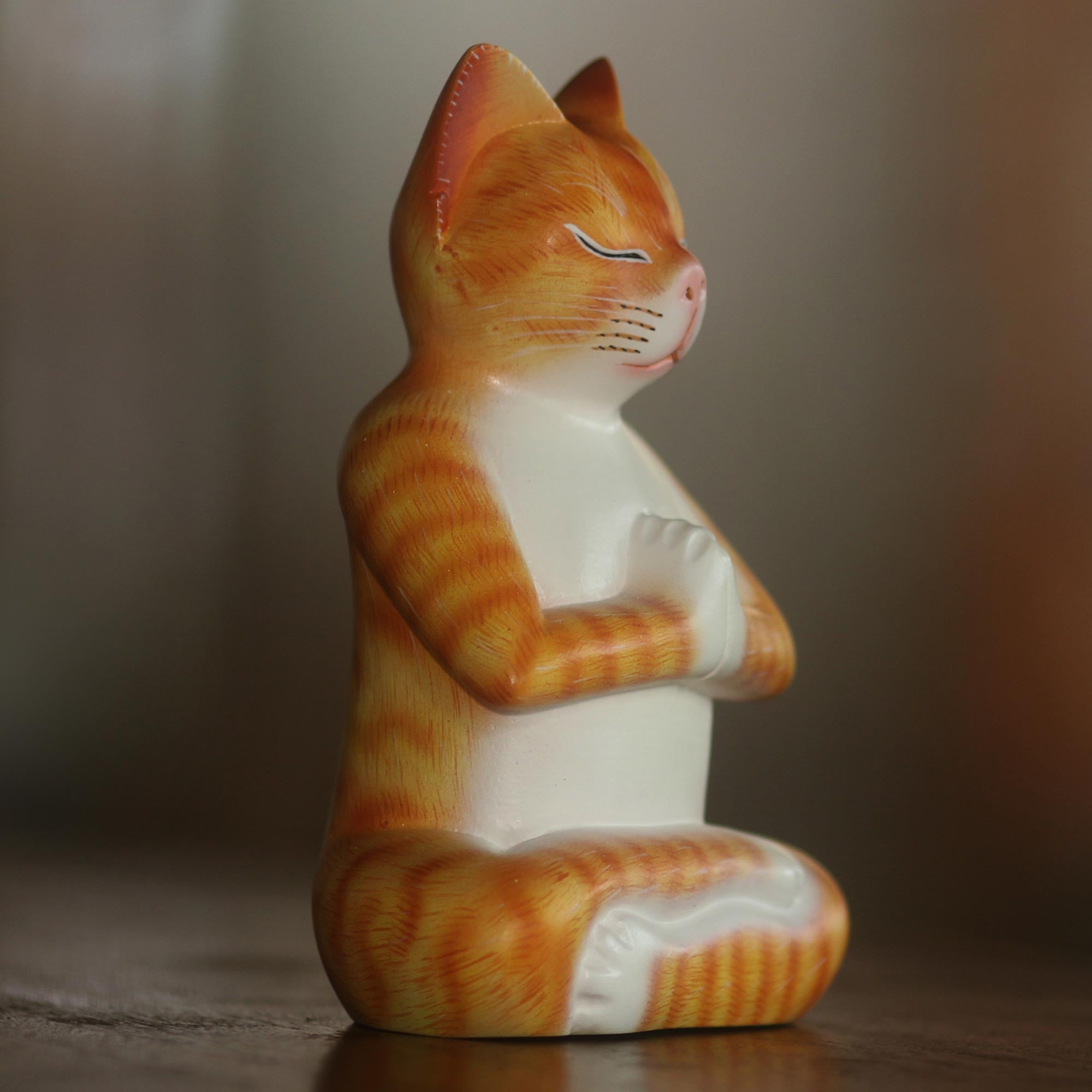 Premium Hand-Carved Meditation Cat Sculpture in Orange - Signed by Balinese Artisan