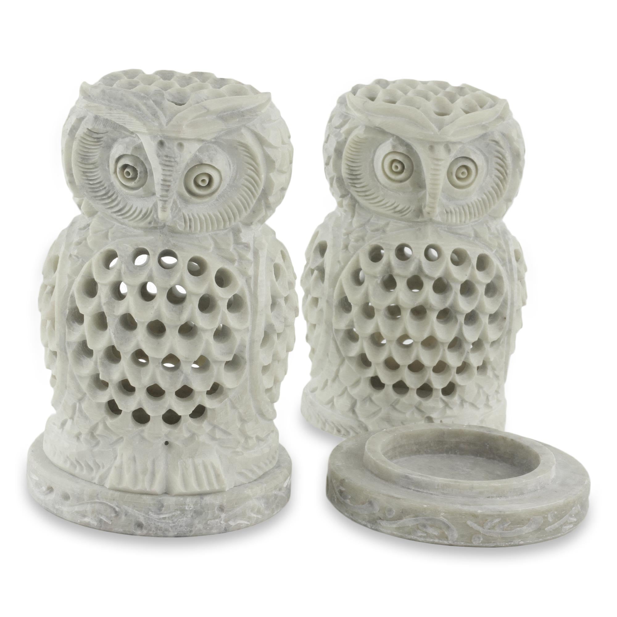 Premium Handcrafted Soapstone Owl Candleholders - Set of 2