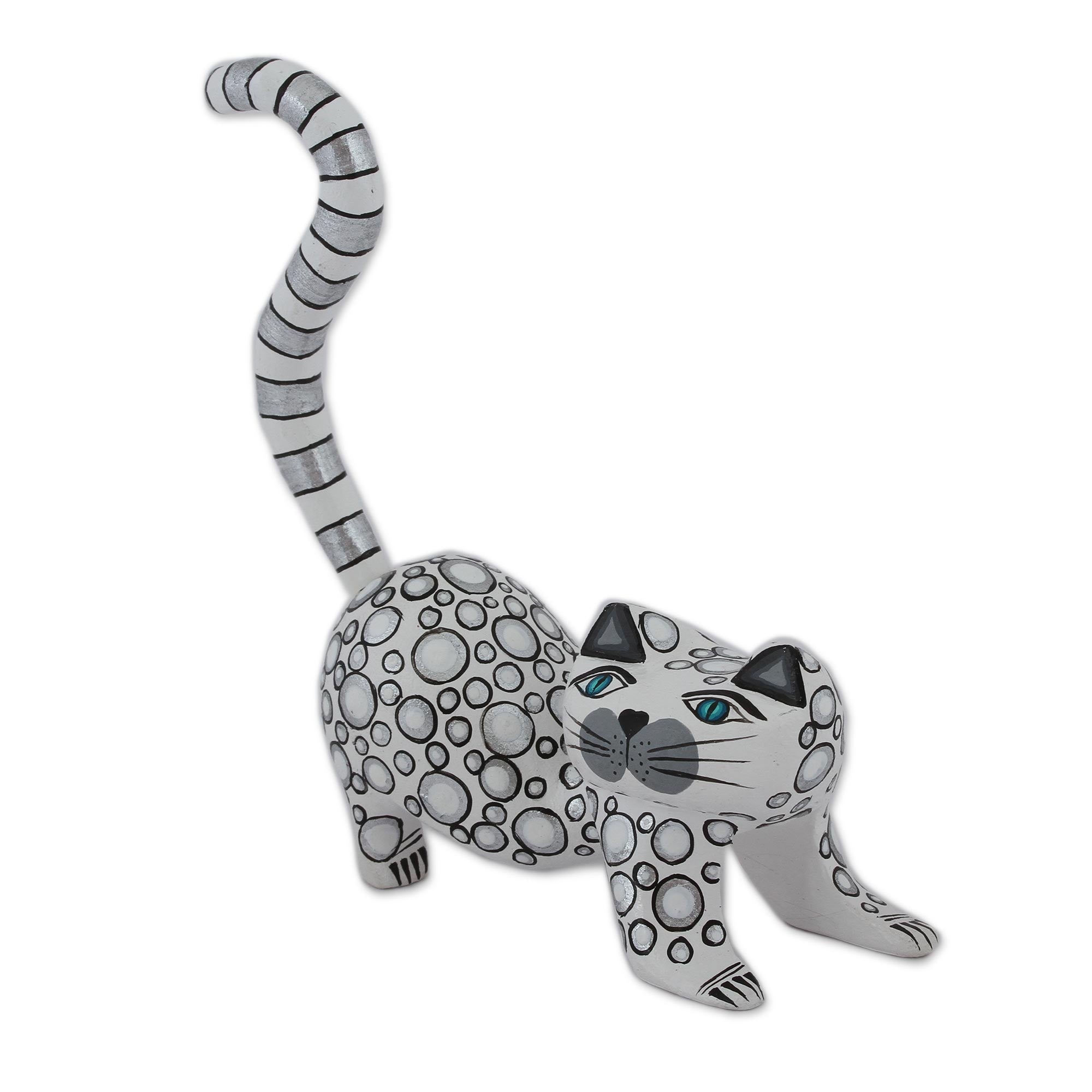 Premium Handcrafted White Wood Alebrije Cat Figurine - Playful Curiosity Cousin