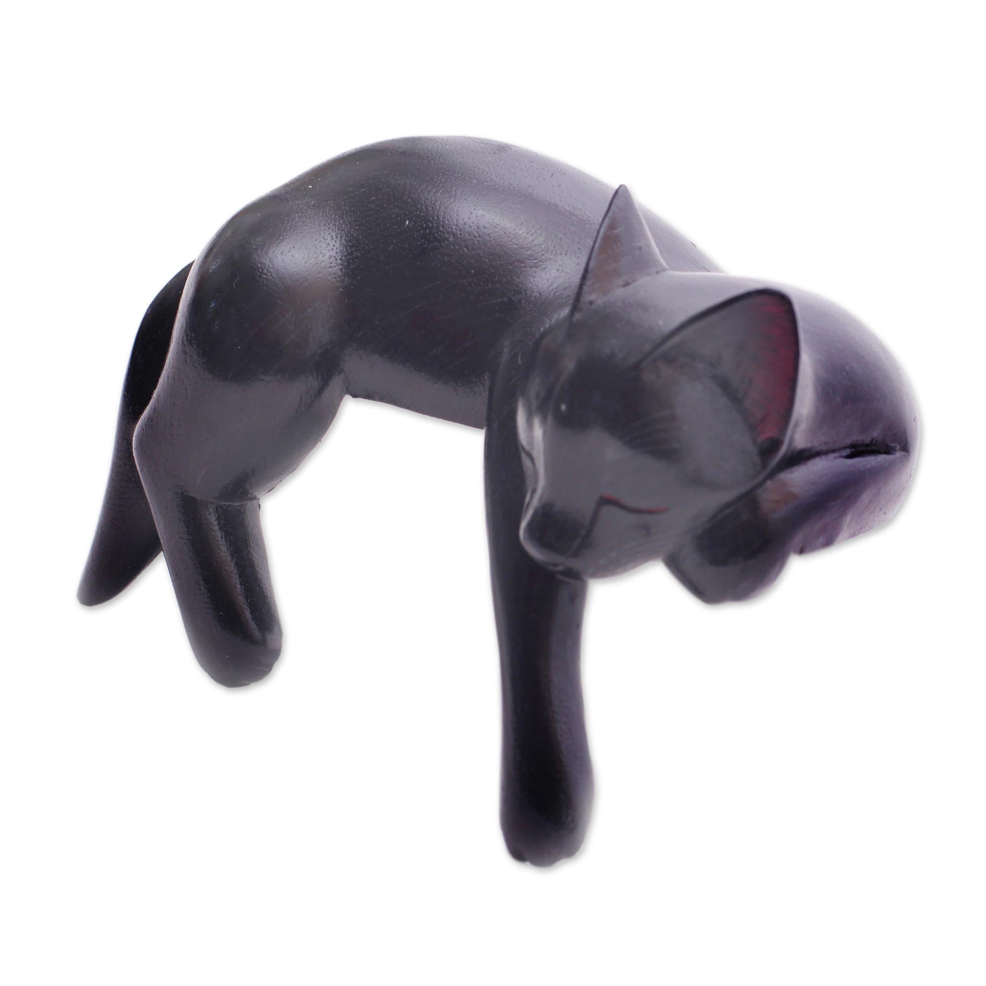 Premium Hand-Carved Black Cat Sculpture - Signed Balinese Art Piece