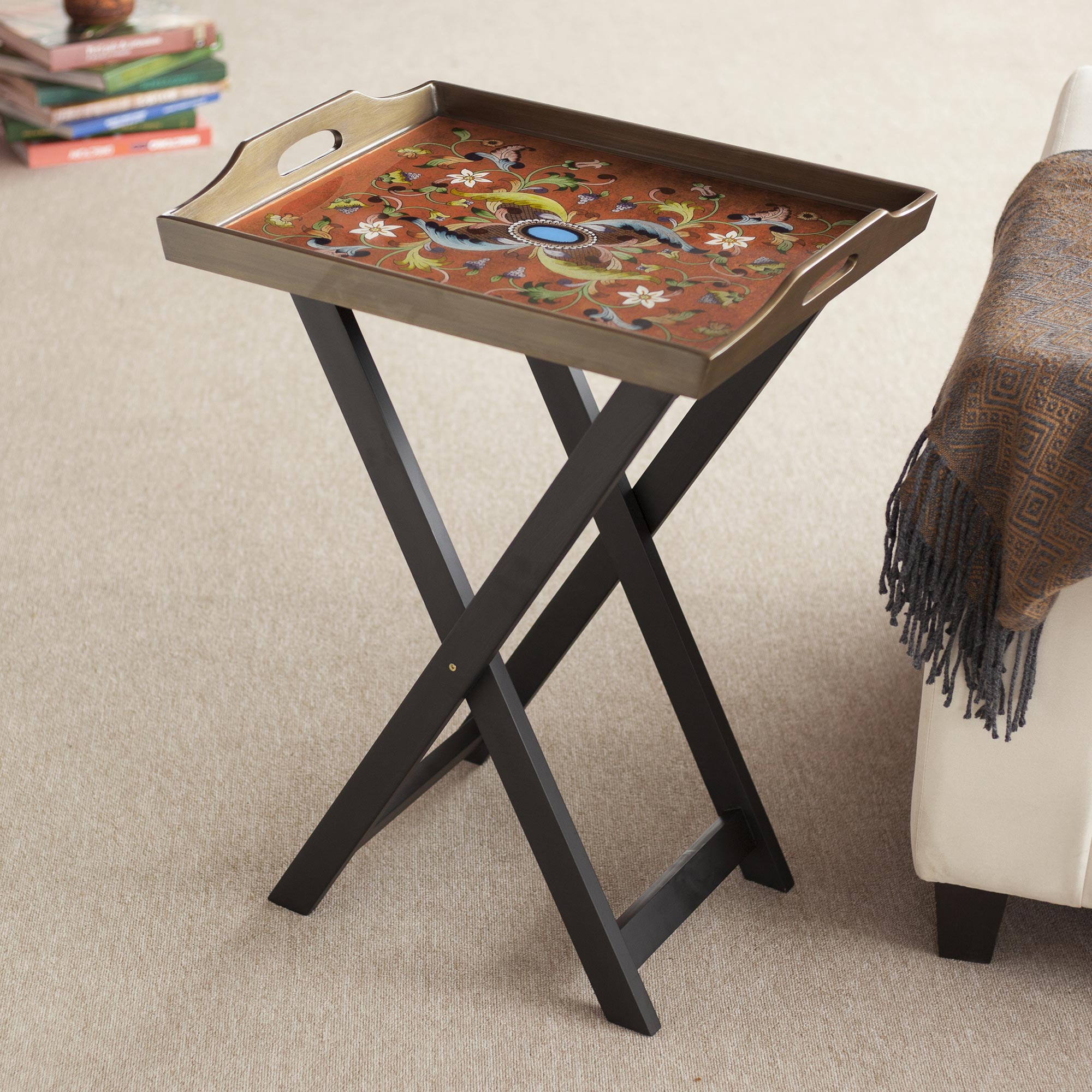 Premium Scarlet Delight Handcrafted Reverse Painted Glass Tray Table