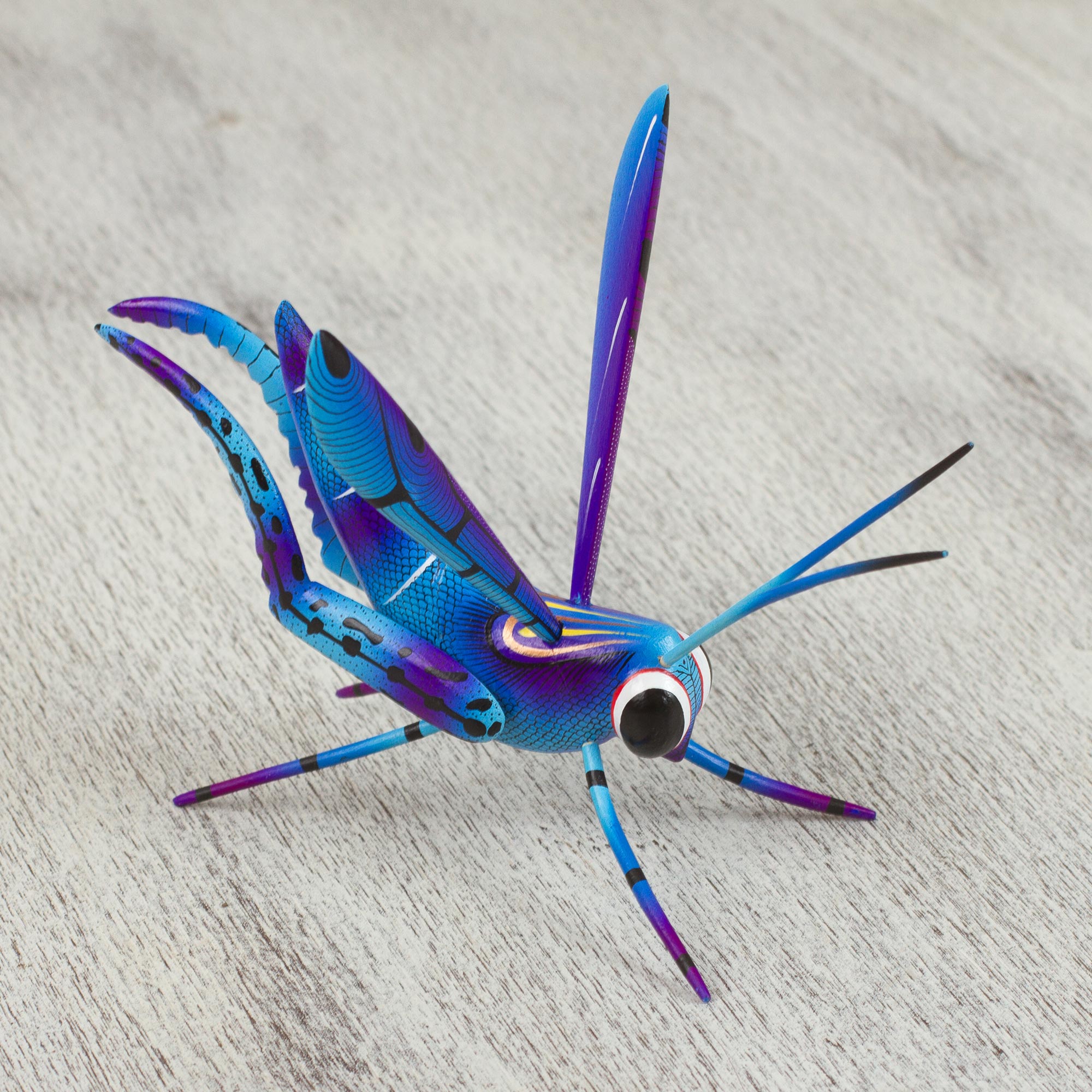 Premium Blue Cricket Alebrije Sculpture - Handcrafted Good Luck Charm from Mexico