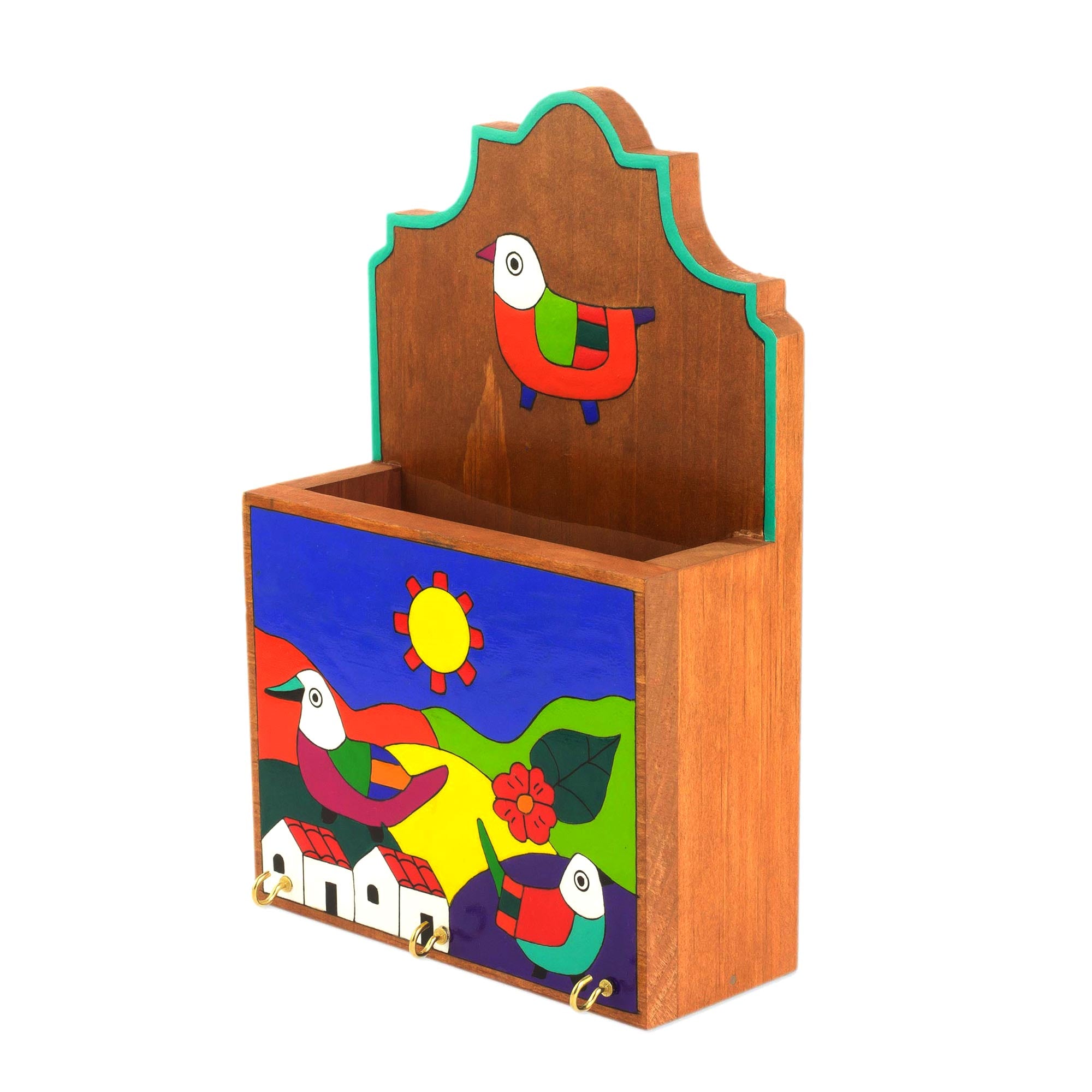 Premium Handcrafted Pinewood Letter & Key Holder with Colorful Birds Design