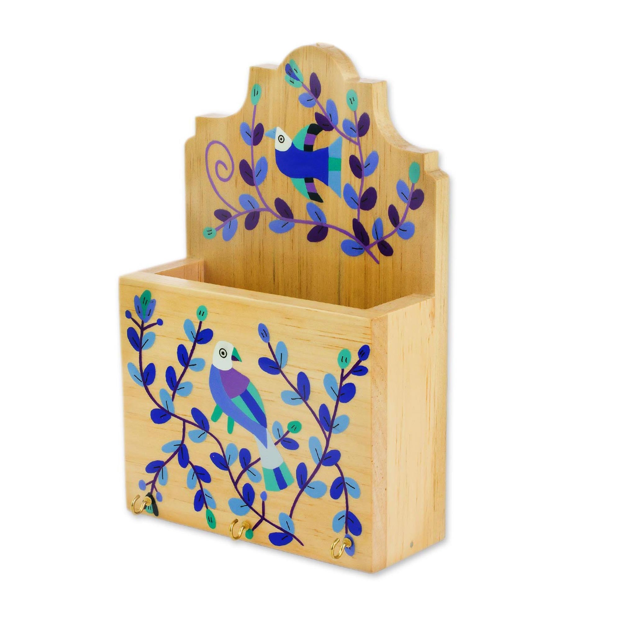 Premium Pinewood Letter & Key Holder with Hand-Painted Blue & Purple Birds