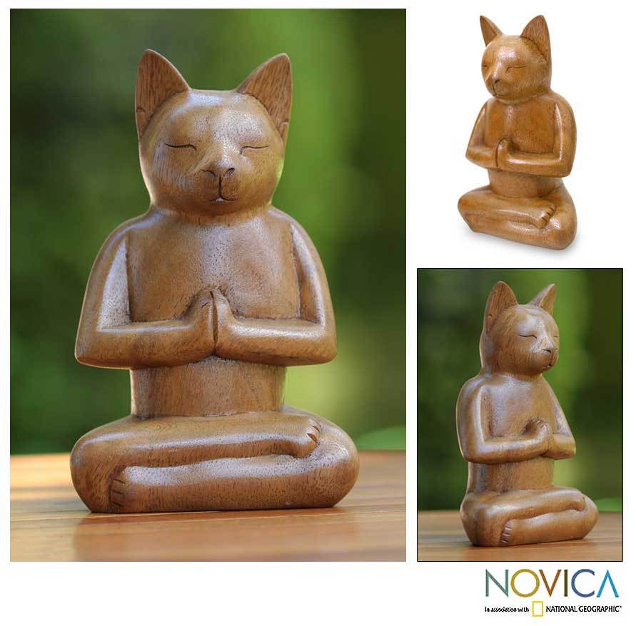 Premium Handcrafted Suar Wood Cat Meditation Sculpture