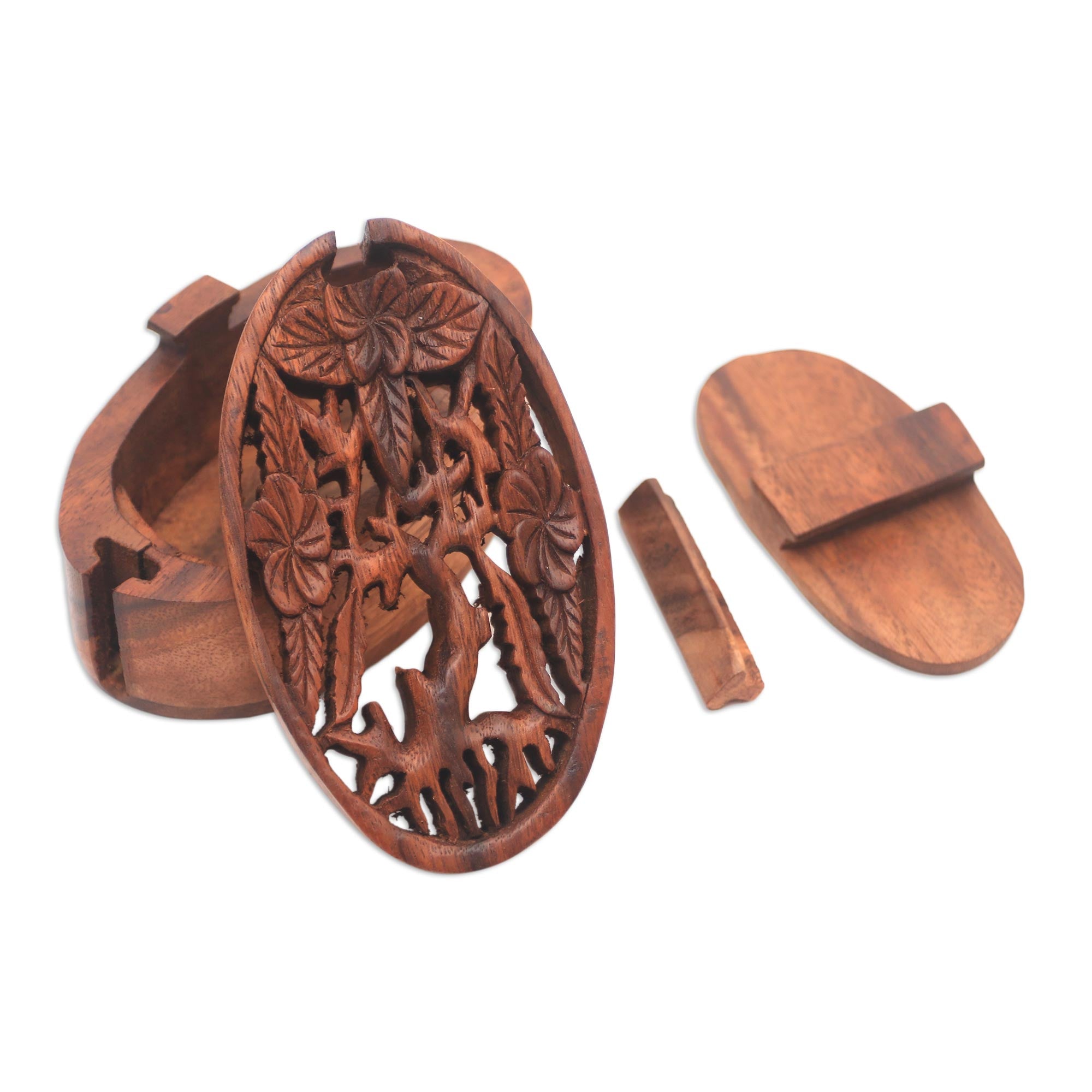 Premium Hand-Carved Suar Wood Puzzle Box with Plumeria Design