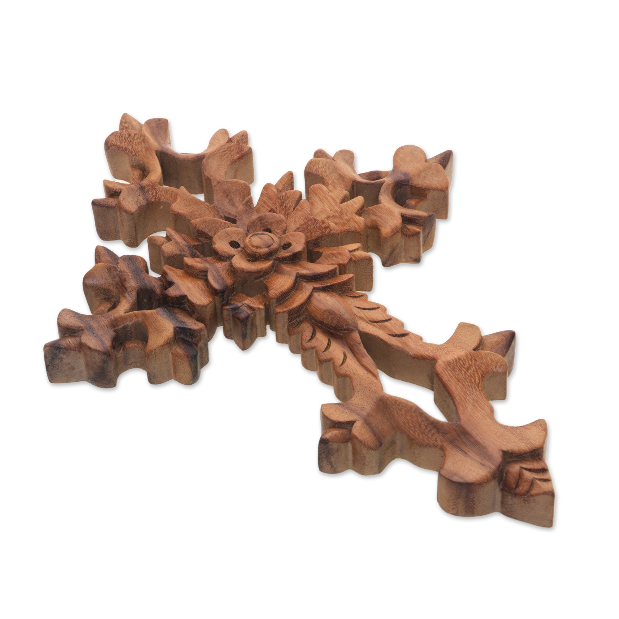Premium Faith Blooms Hand-Carved Floral Suar Wood Wall Cross from Bali – Ultimate Christian Home Decor