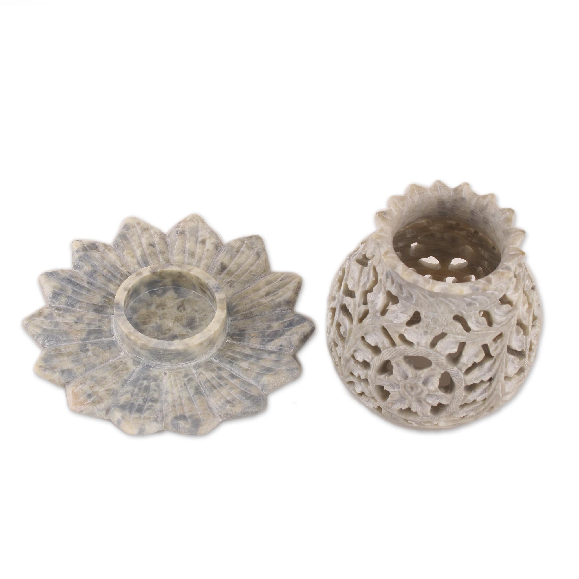 Premium Hand-Carved Soapstone Tealight Holder - Floral Lotus Design