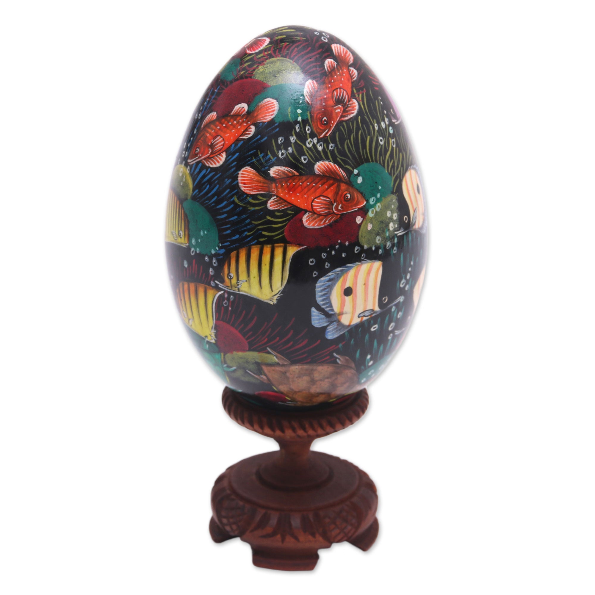Premium Hand-Painted Reef Fish Wooden Egg Statuette – Bali Artisan Crafted