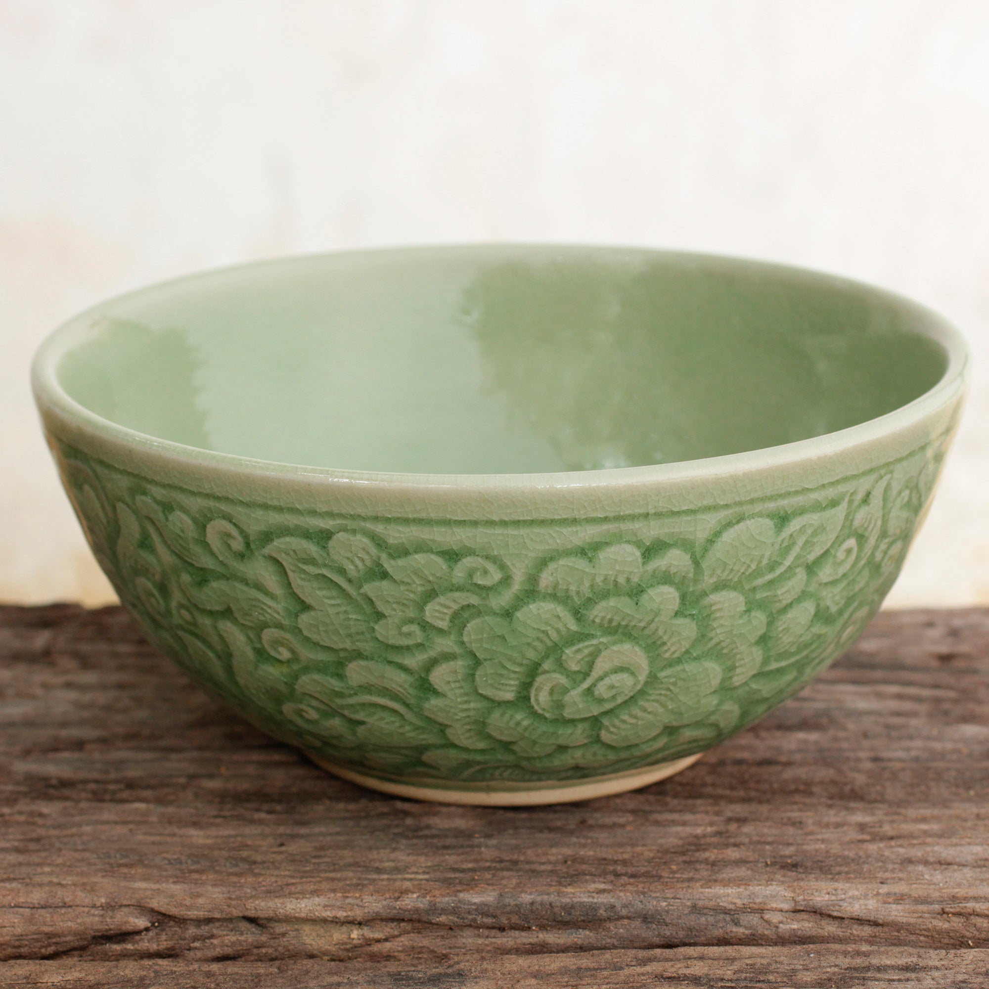 Premium Green Peony Thai Celadon Ceramic Bowl - Artisan Crafted Floral Design