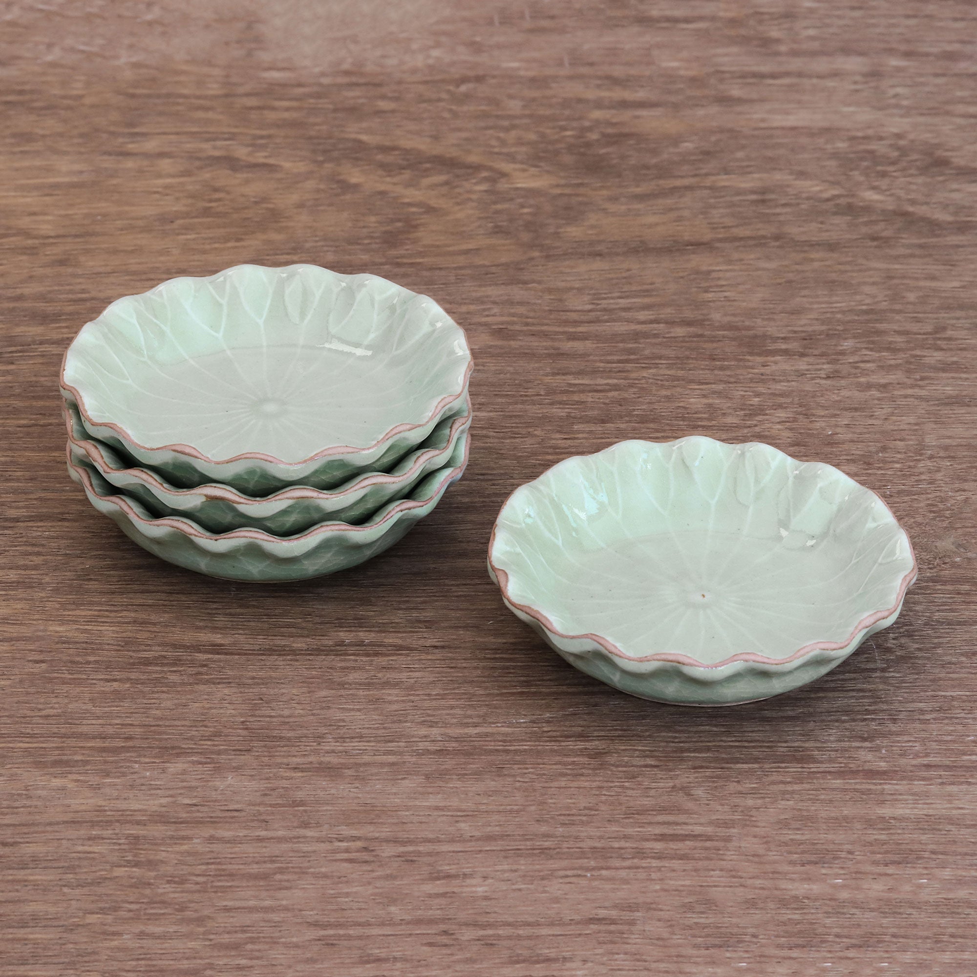Premium Lotus Leaf Celadon Ceramic Appetizer Bowls - Set of 4