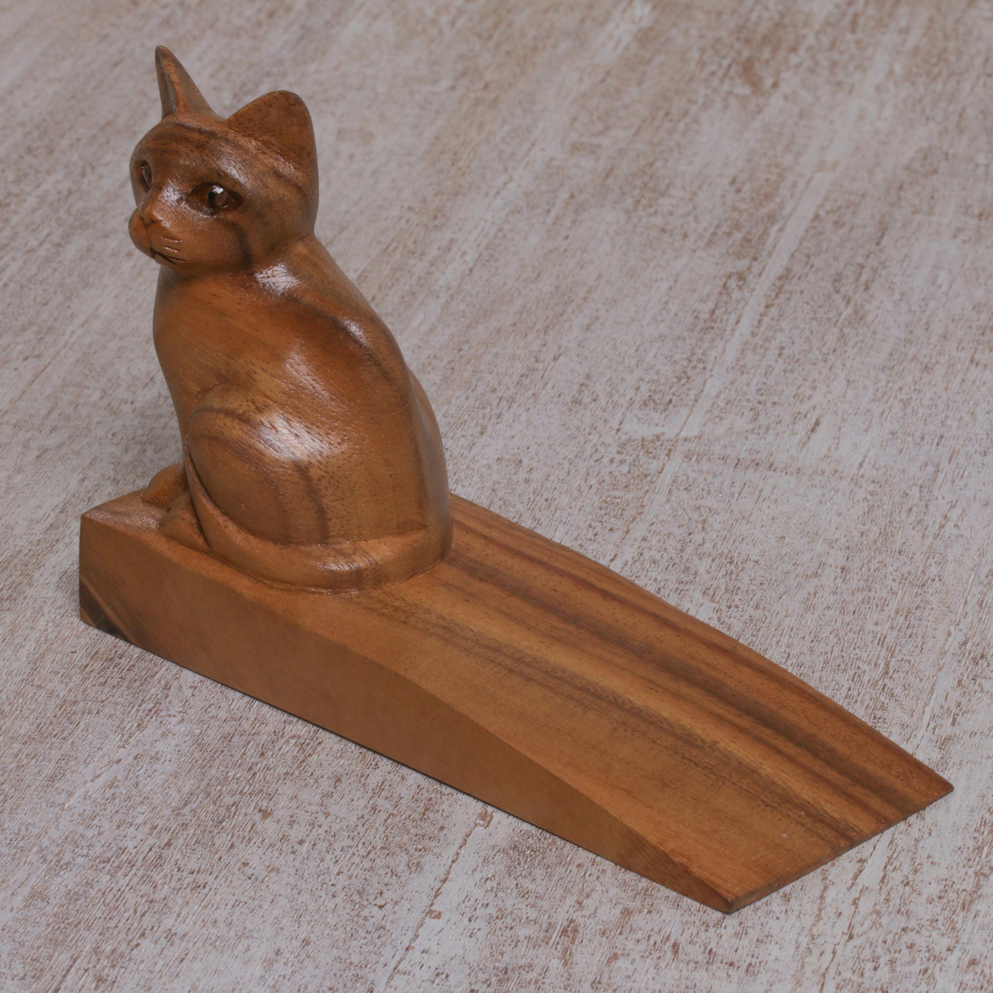 Premium Handcrafted Suar Wood Kitten Doorstop - Natural Brown Finish