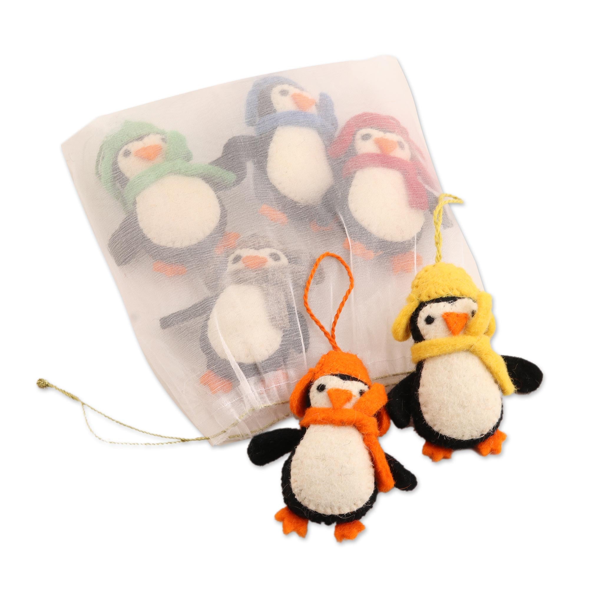 Premium Handmade Felted Wool Penguin Ornaments - Cozy Winter Set of 6
