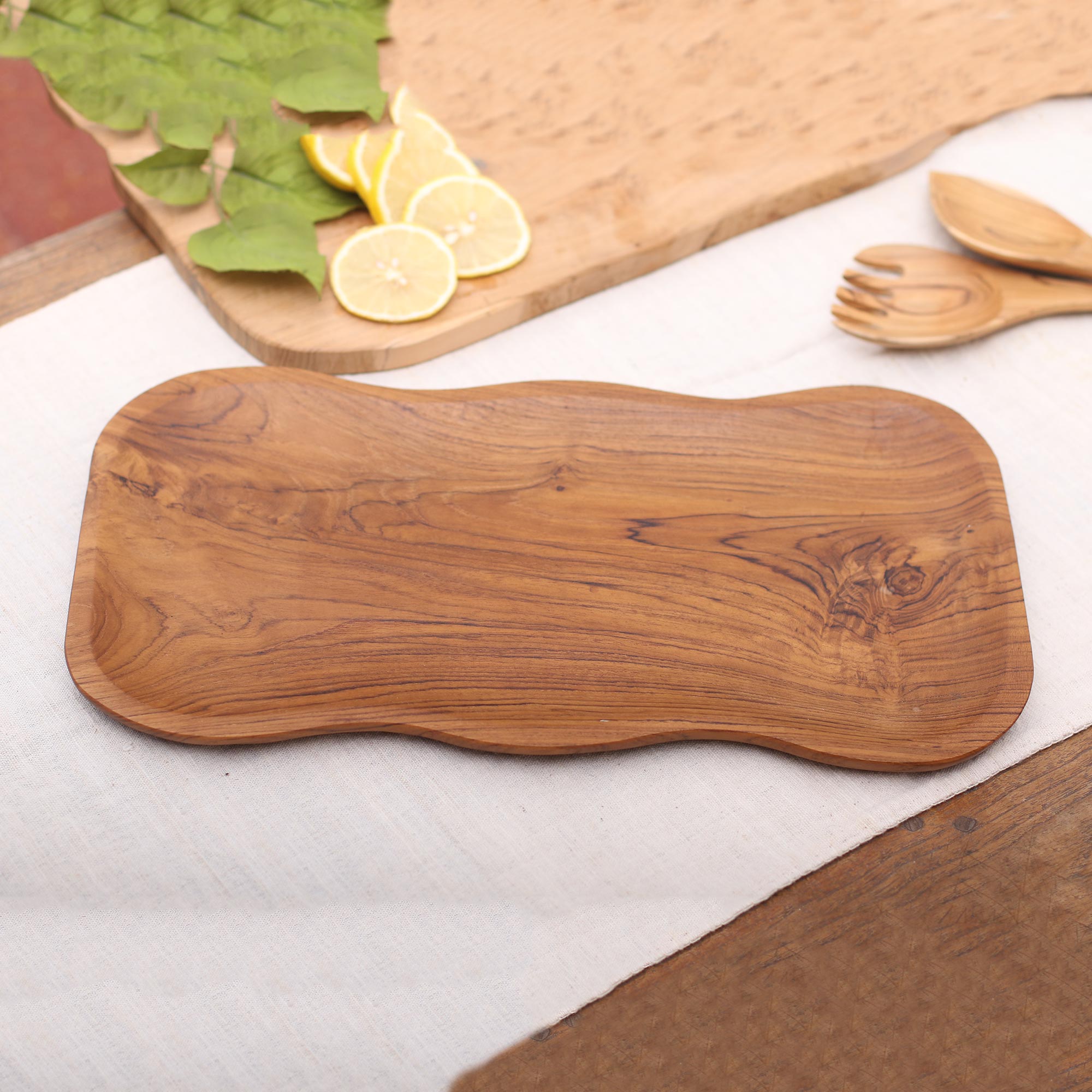 Premium Bali Wave Teak Wood Serving Platter - Handcrafted Artisan Design