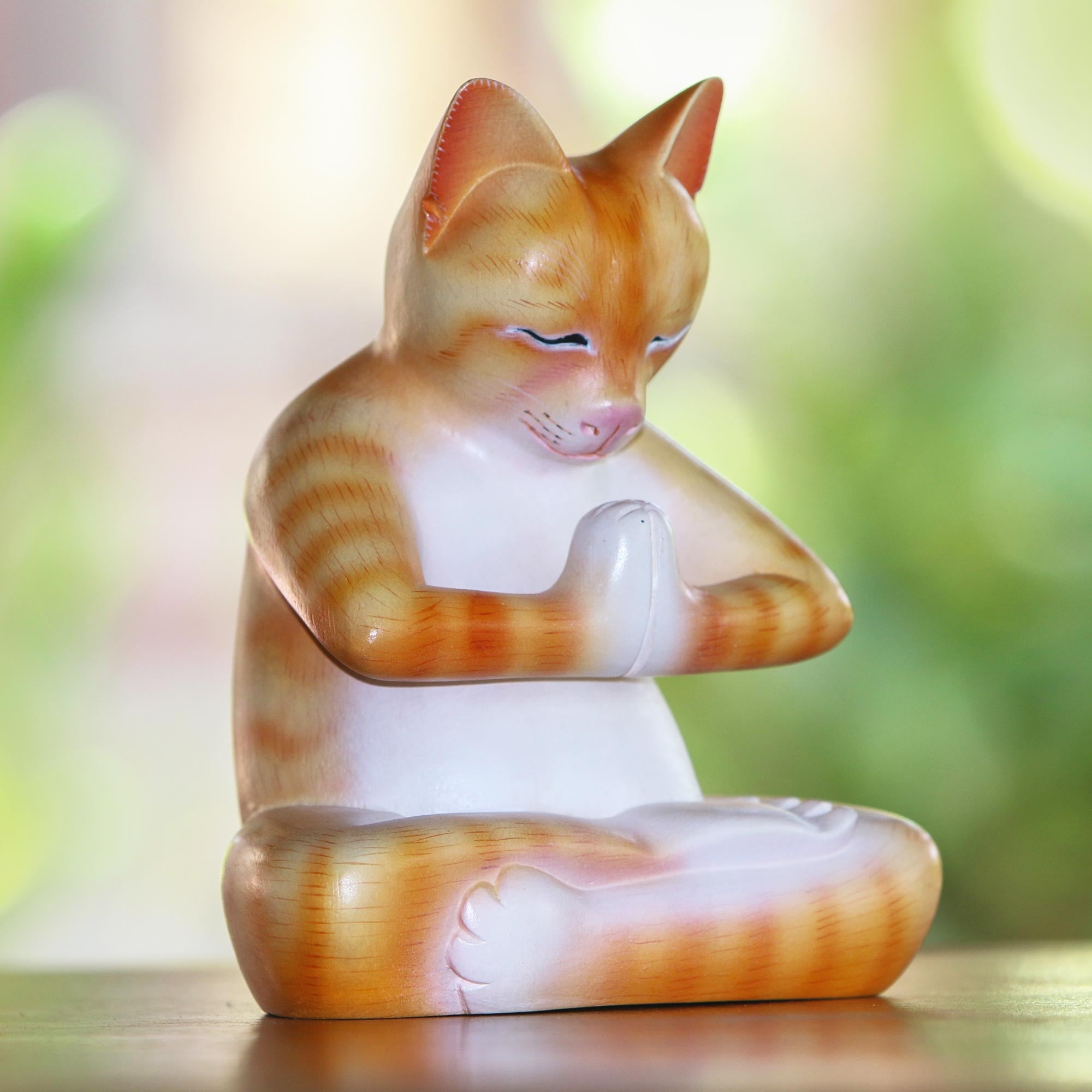 Premium Meditating Kitty Statue - Hand-Carved Suar Wood Cat Sculpture in Orange & White