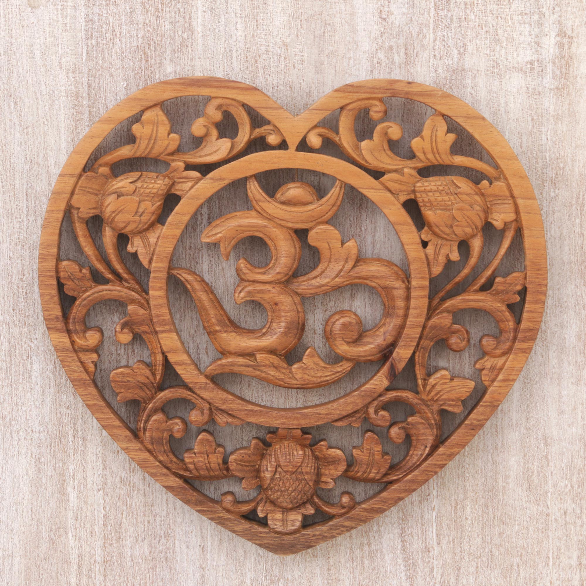 Premium Balinese Om Wood Wall Art - Hand Carved Suar Wood Panel