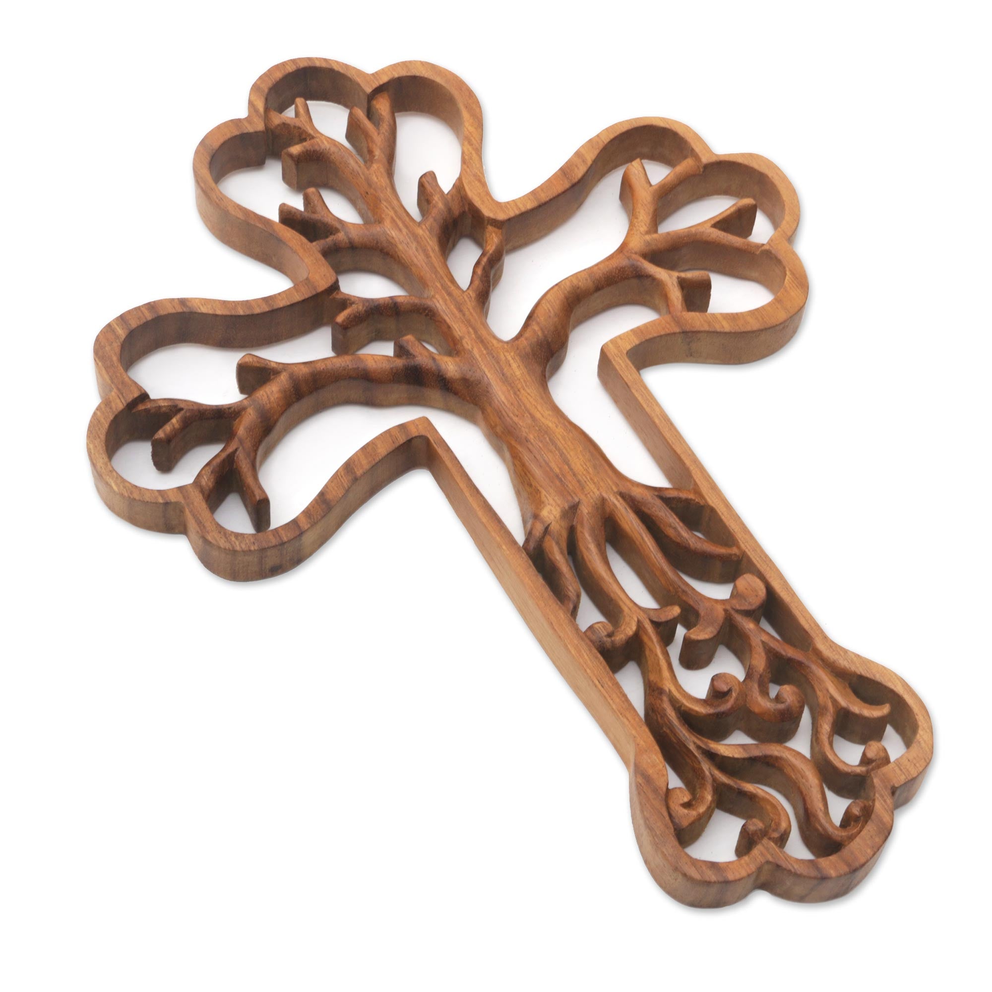 Premium Hand-Carved Tree Cross Suar Wood Relief Panel - Artisan Crafted in Bali