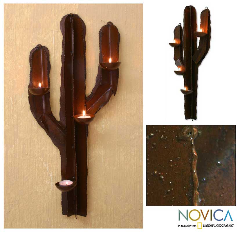 Premium Rustic Iron Cactus Wall Sculpture & Candleholder - Handcrafted Desert Art