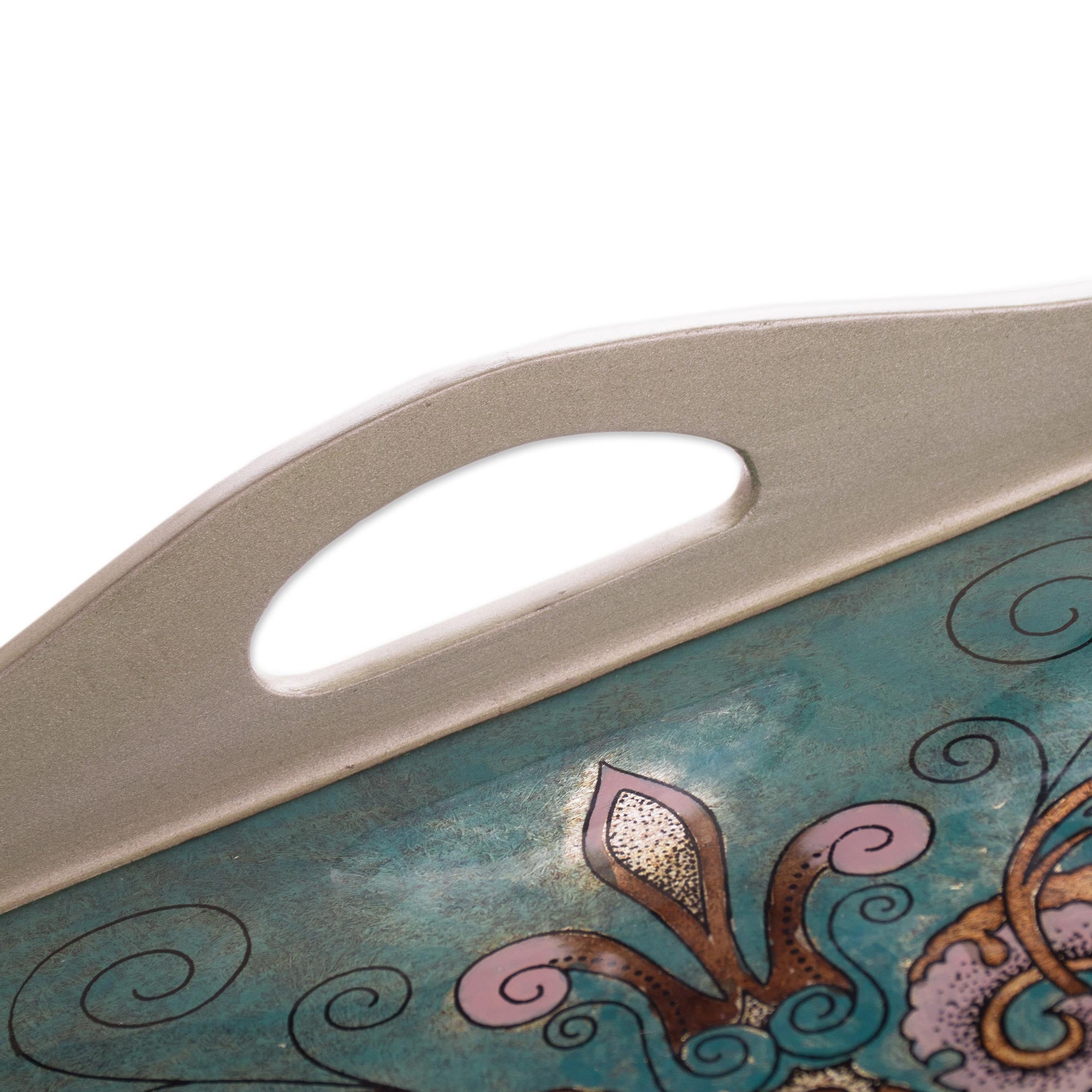 Premium Teal Floral Reverse-Painted Glass Tray – Handcrafted in Peru