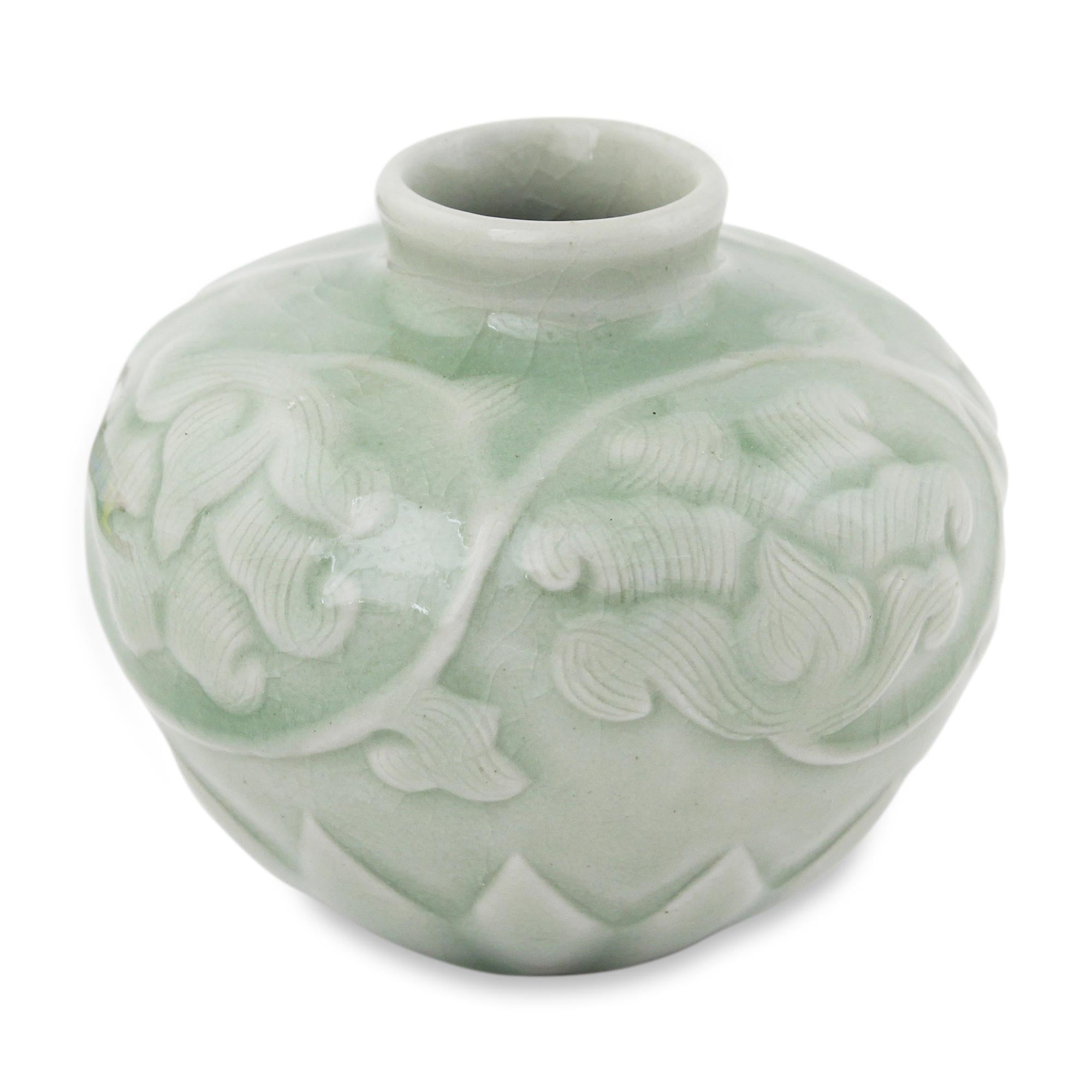Premium Handcrafted Thai Celadon Lotus Vase – Elegant Petite Design