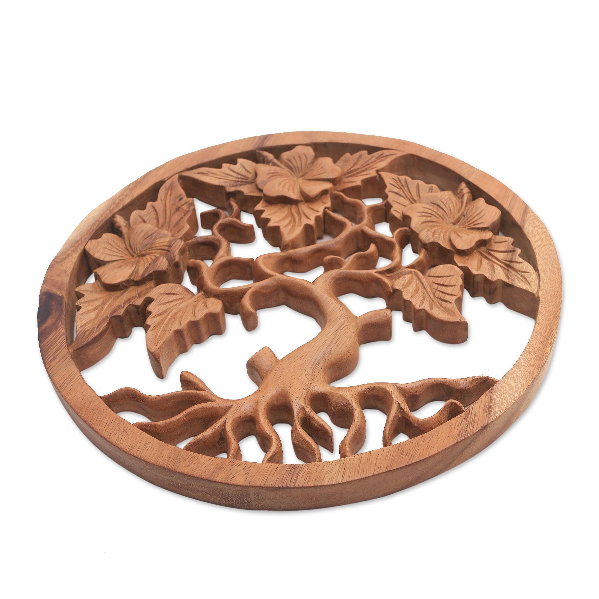 Premium Hand-Carved Frangipani Tree Suar Wood Art Panel – Bali Inspired