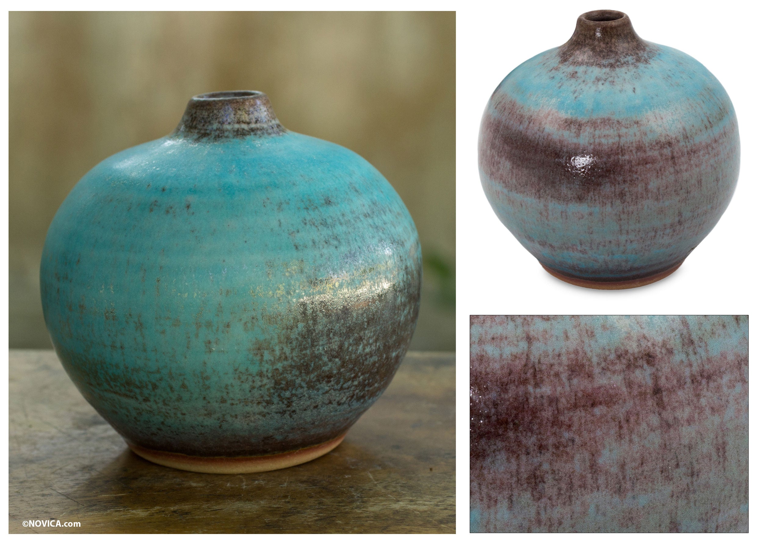 Premium Turquoise & Earth Tone Ceramic Vase - Handmade Antique Design