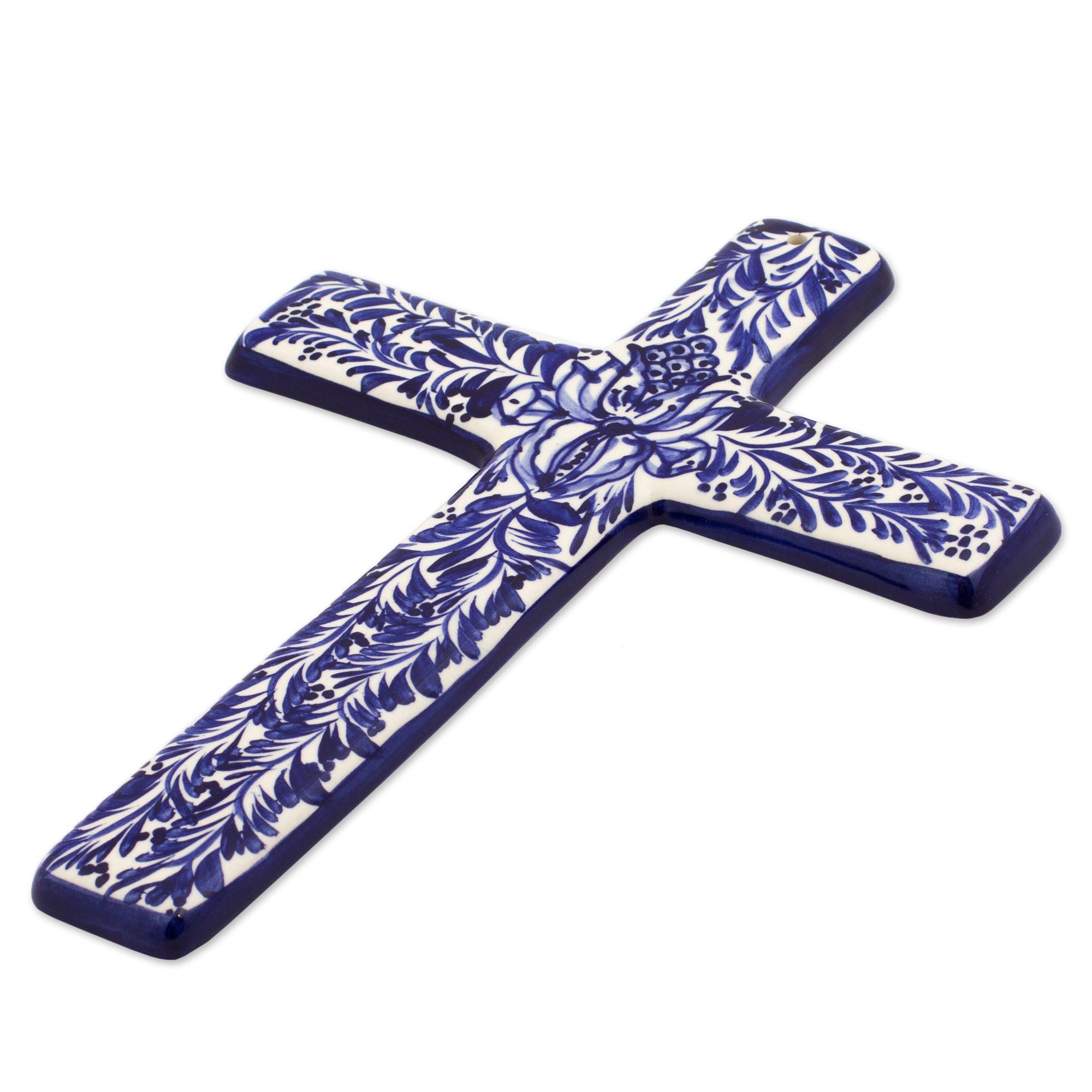 Premium Blue & Ivory Talavera Ceramic Wall Cross - Handcrafted Mexican Art