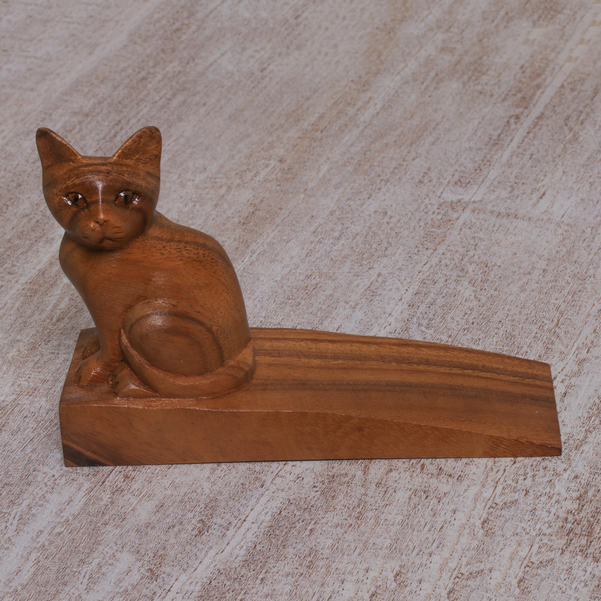 Premium Handcrafted Suar Wood Kitten Doorstop - Natural Brown Finish