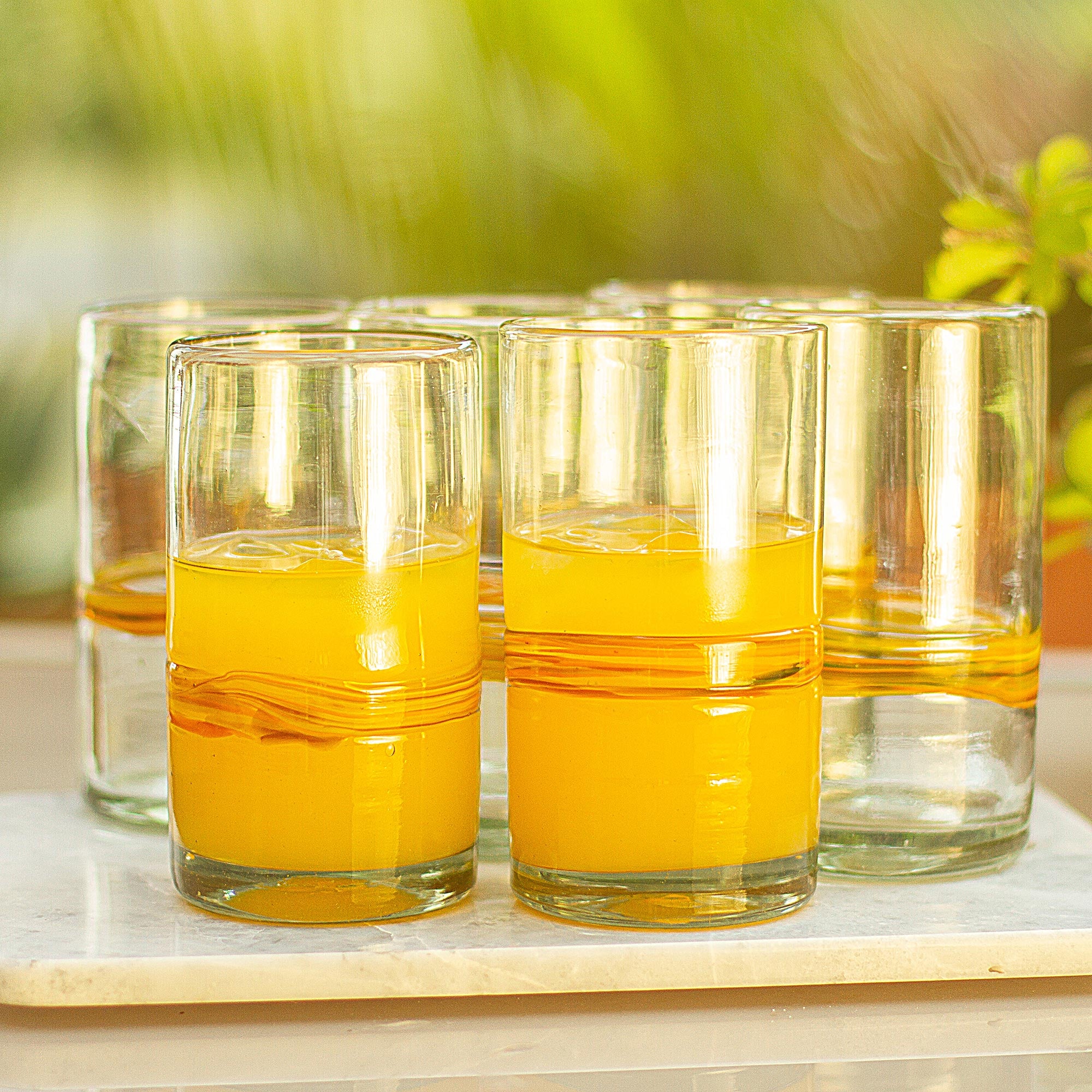 Premium Ribbon of Sunshine: Set of 6 Handcrafted Recycled Glass Tumblers with Vibrant Orange Stripe
