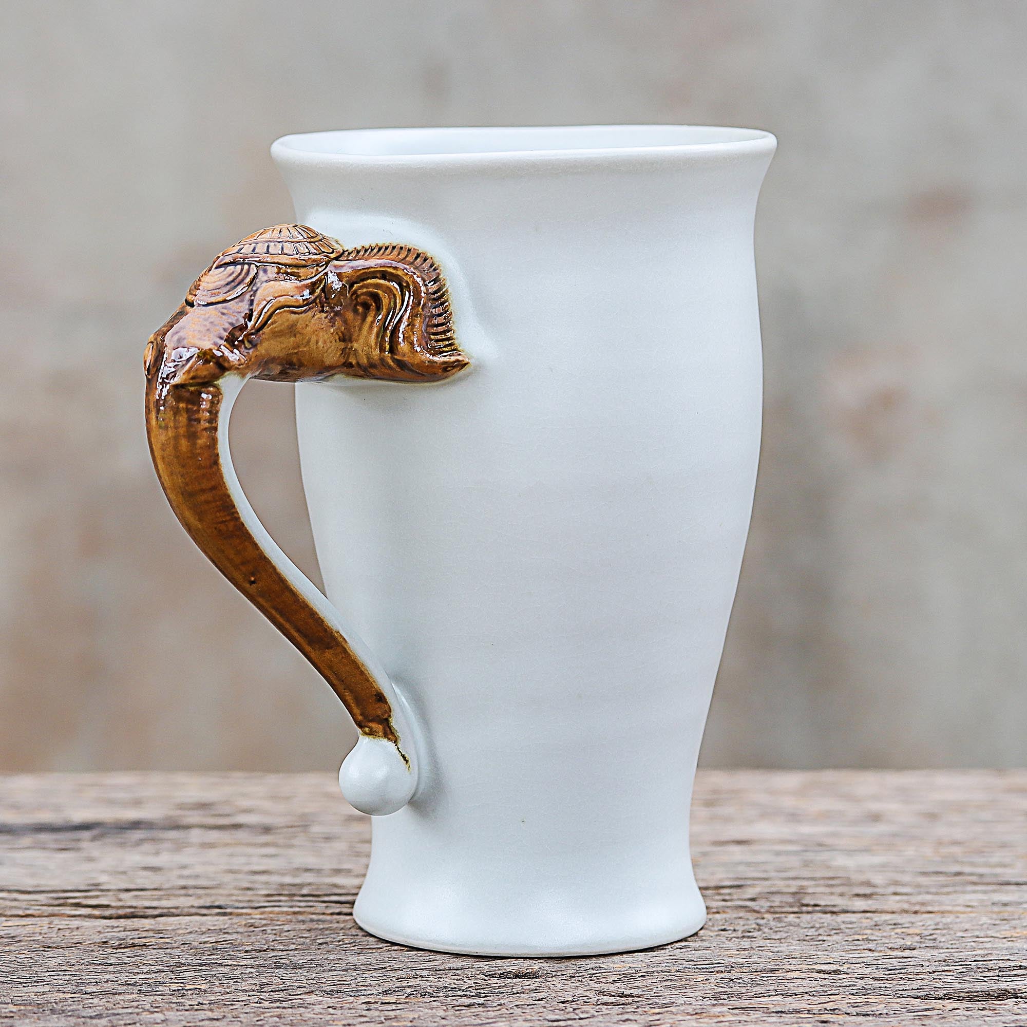 Premium Elephant-Themed Ceramic Mug - Handcrafted White Ceramic with Unique Elephant Handle