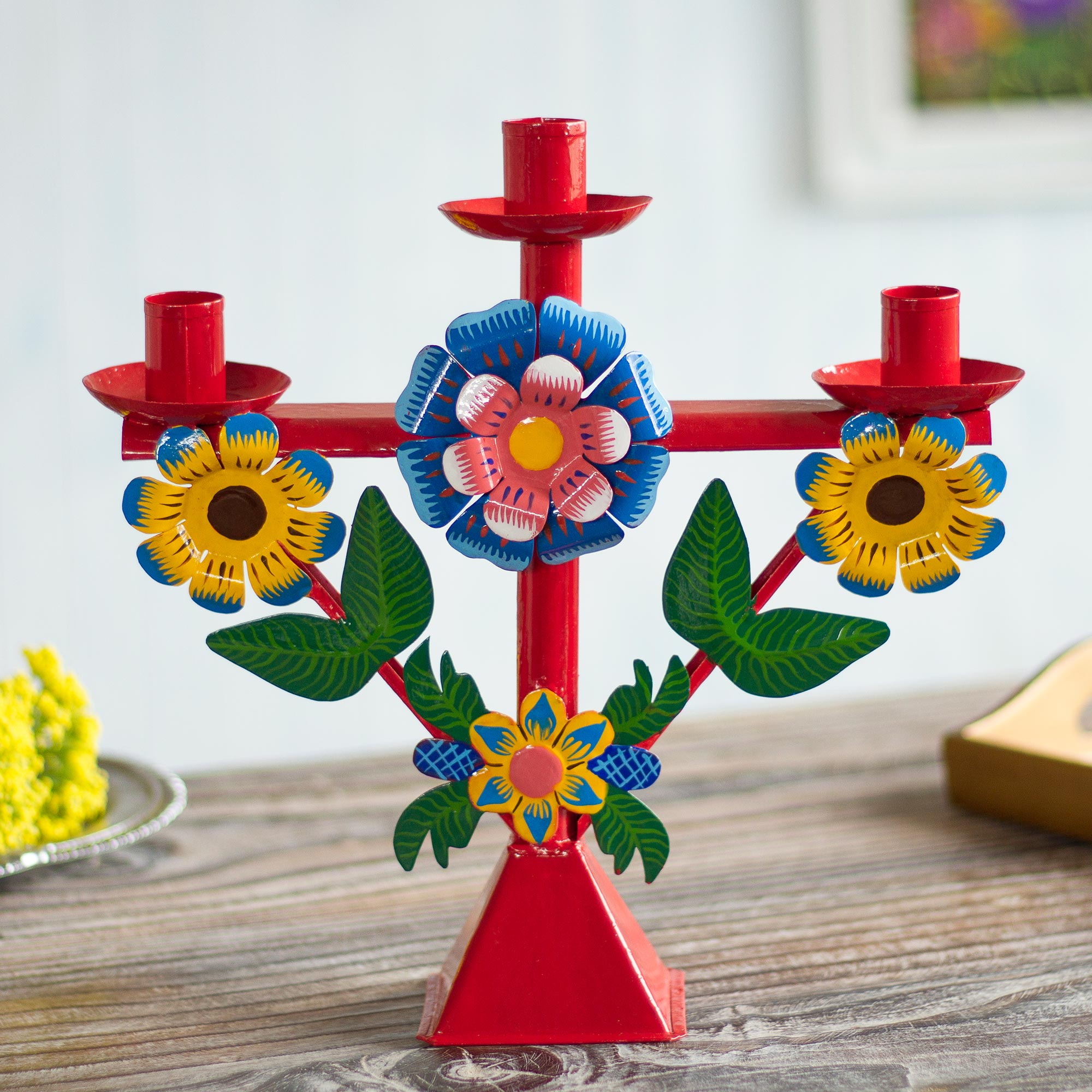 Premium Handcrafted Red Floral Recycled Metal Candelabra from Peru