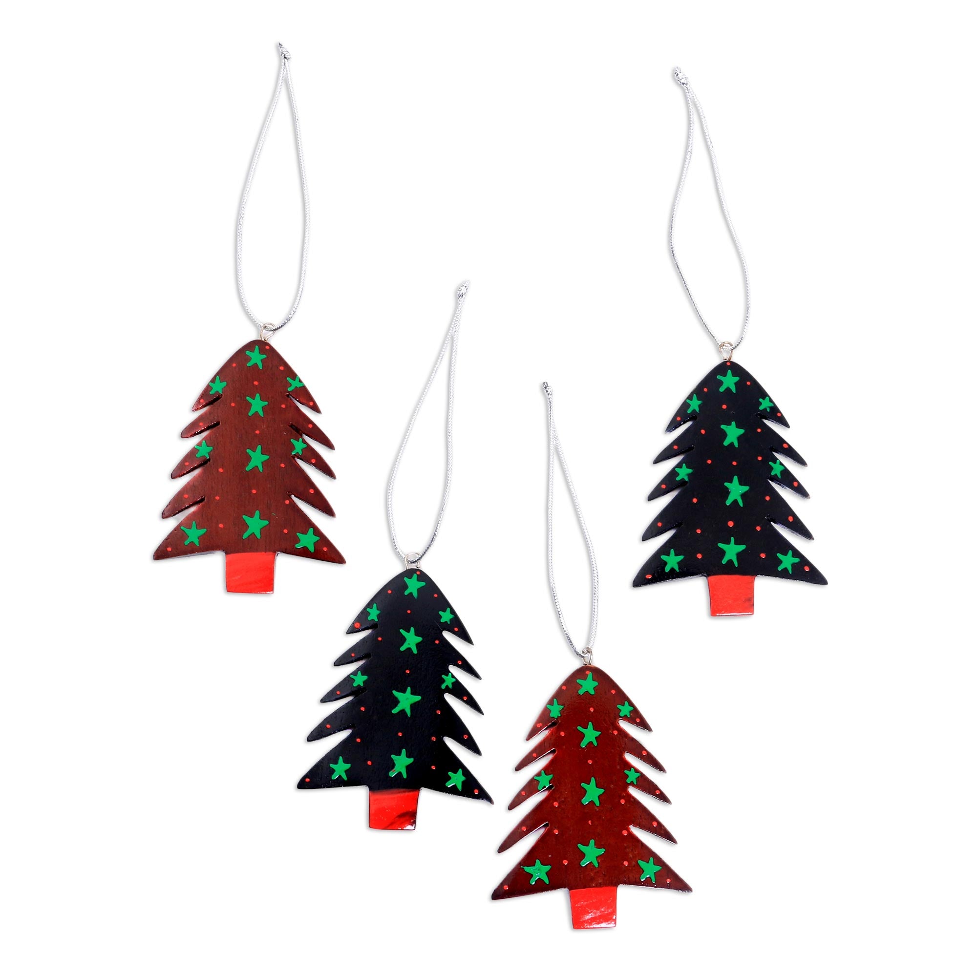 Premium Hand-Painted Mahogany Tree Ornaments - Set of 4 (Starlit Collection)
