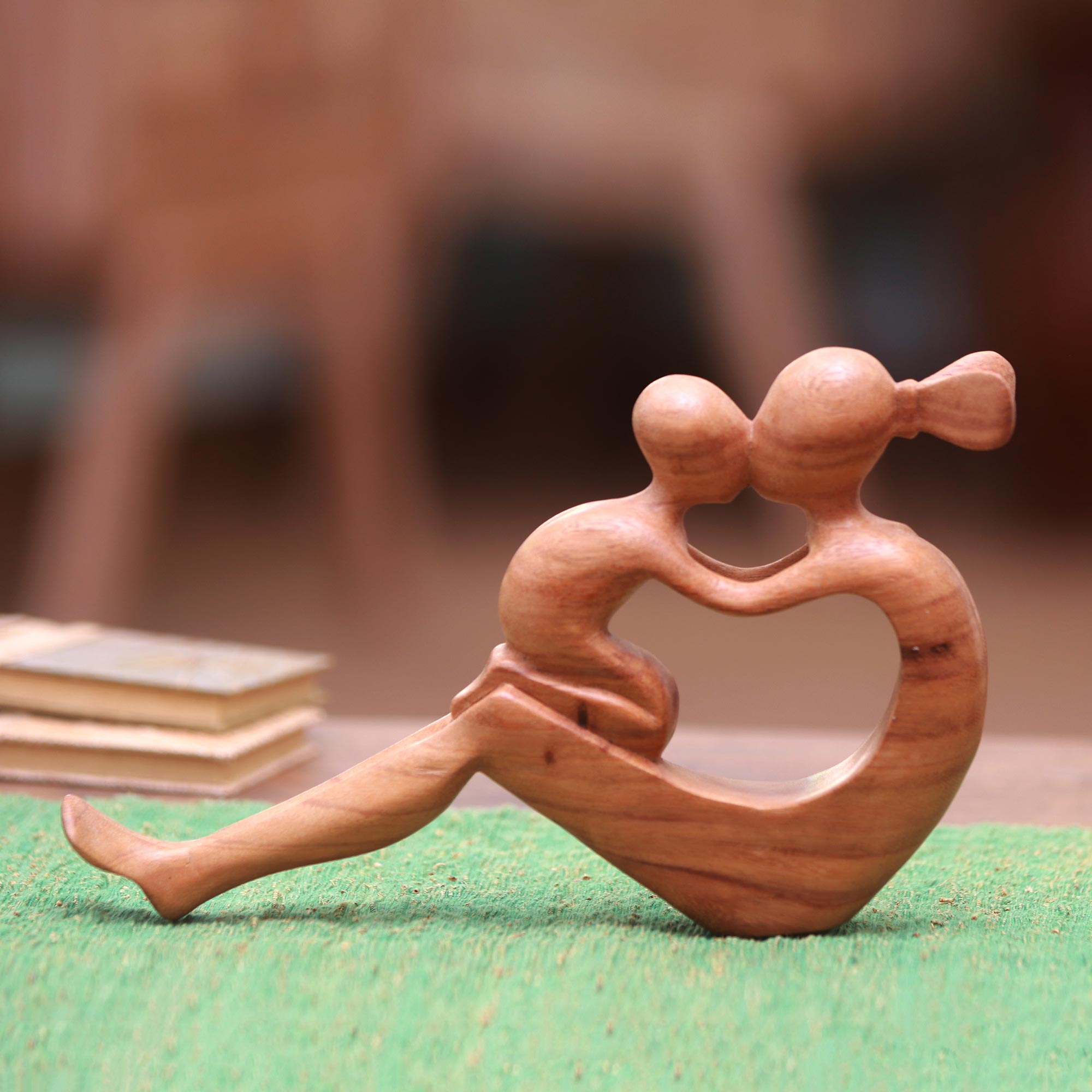 Premium Hand-Carved Mother & Child Suar Wood Sculpture - Natural Grain, Signed by Balinese Artist