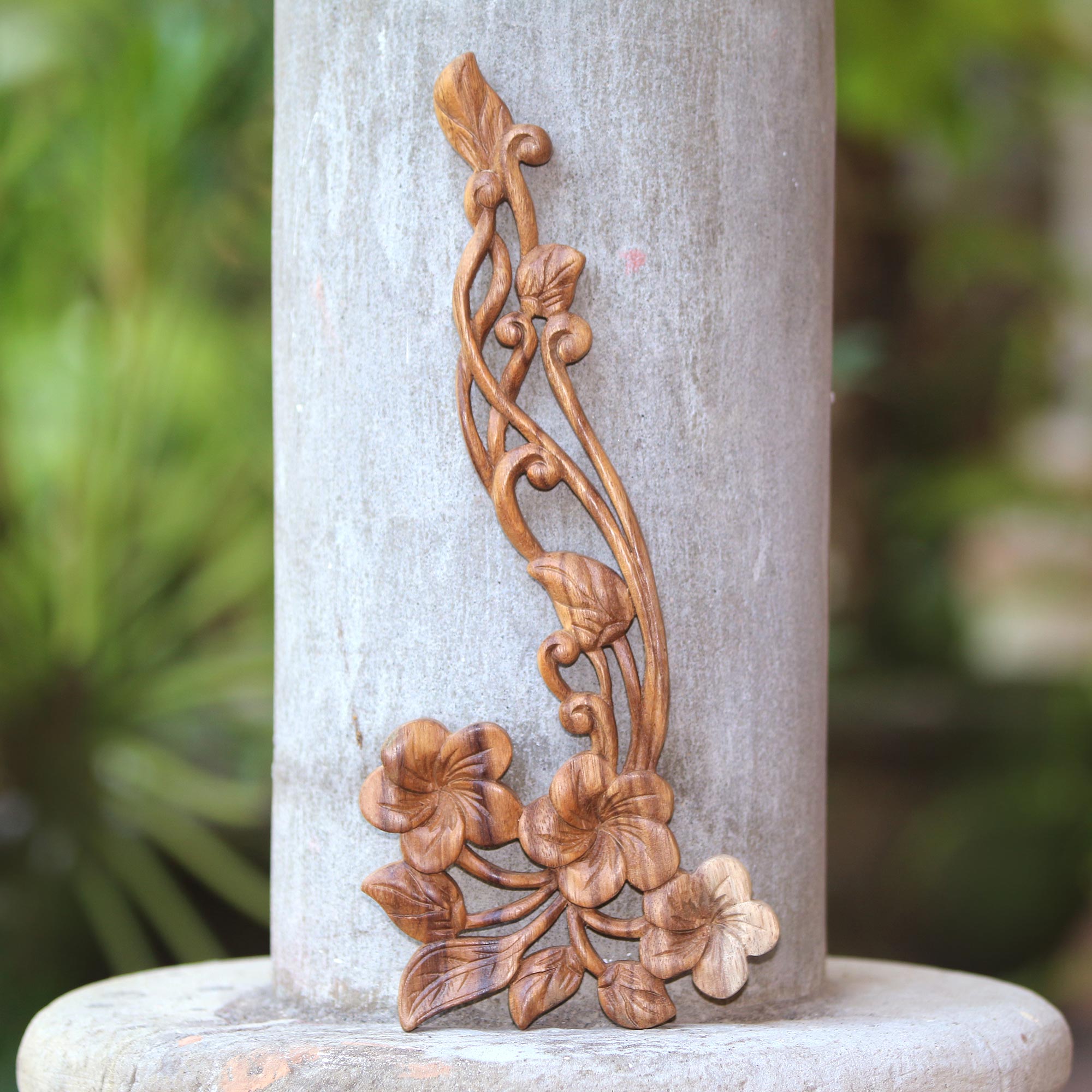 Premium Hand-Carved Frangipani Floral Suar Wood Wall Art Panel