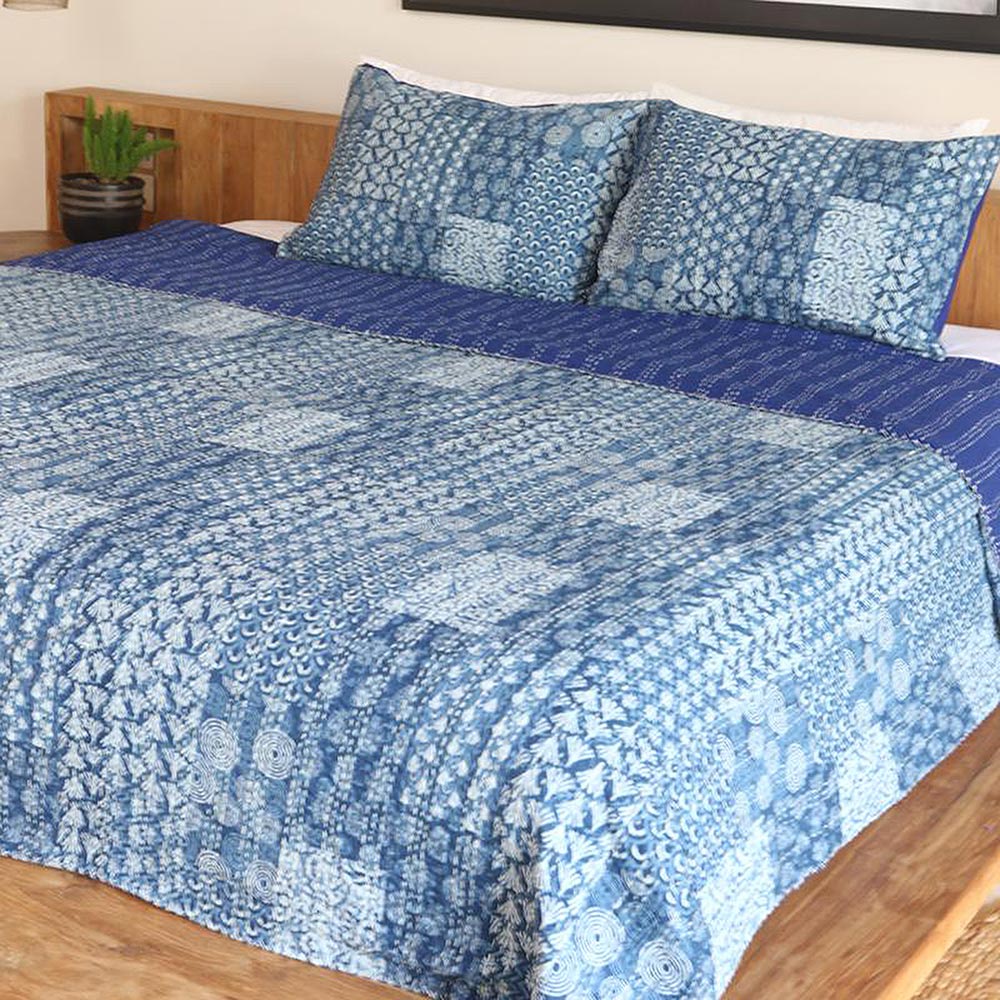 Premium Blue & White Cotton Kantha Bedspread Set - 3 Piece with Pillow Shams