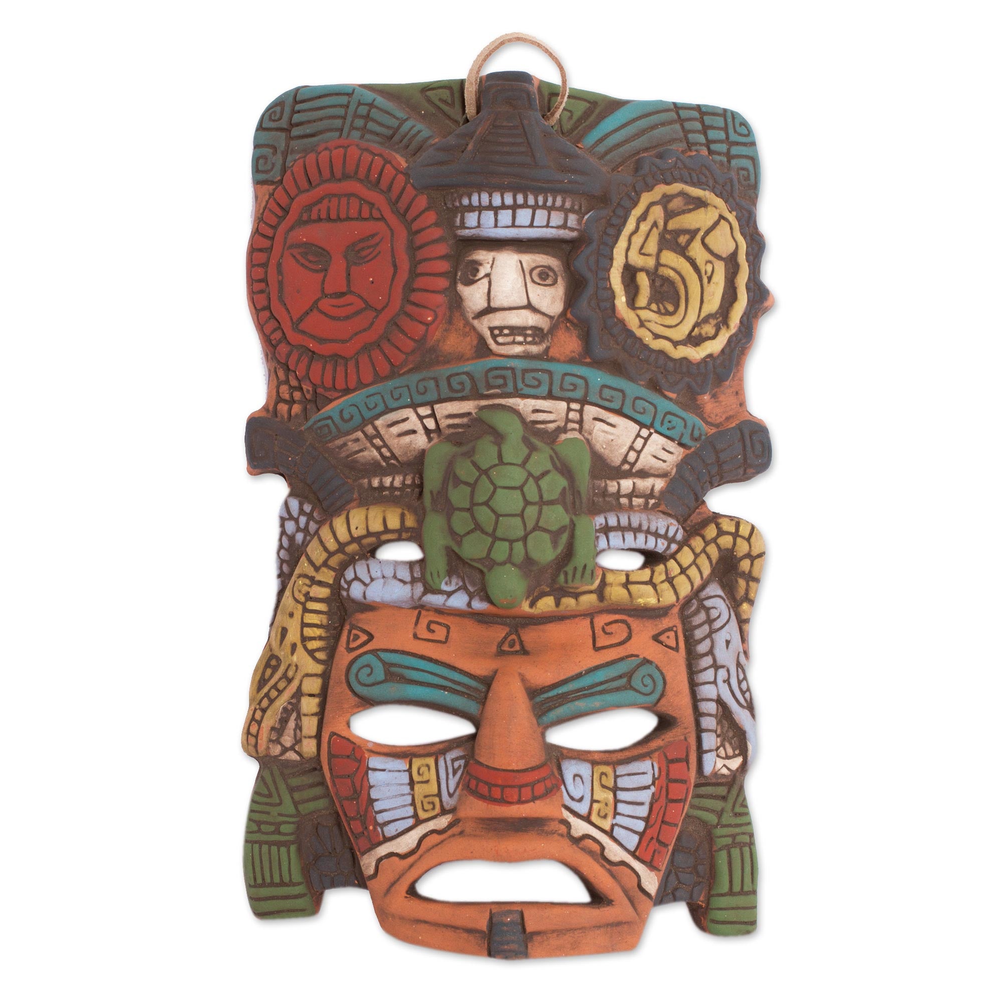 Premium Sun & Moon Tortoise Ceramic Mask - Handcrafted Mayan Art