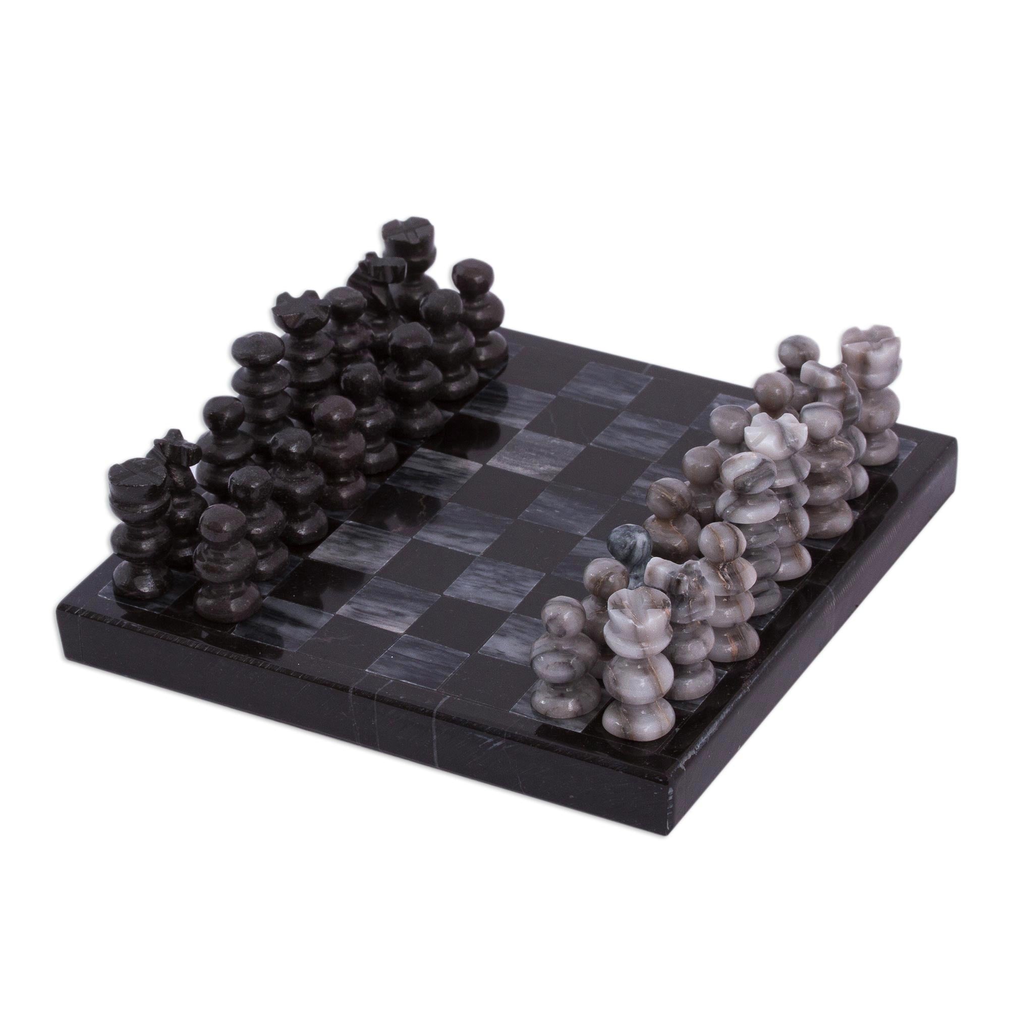 Premium Handcrafted Mini Marble Chess Set in Black & Grey - Ultimate Brain Teaser