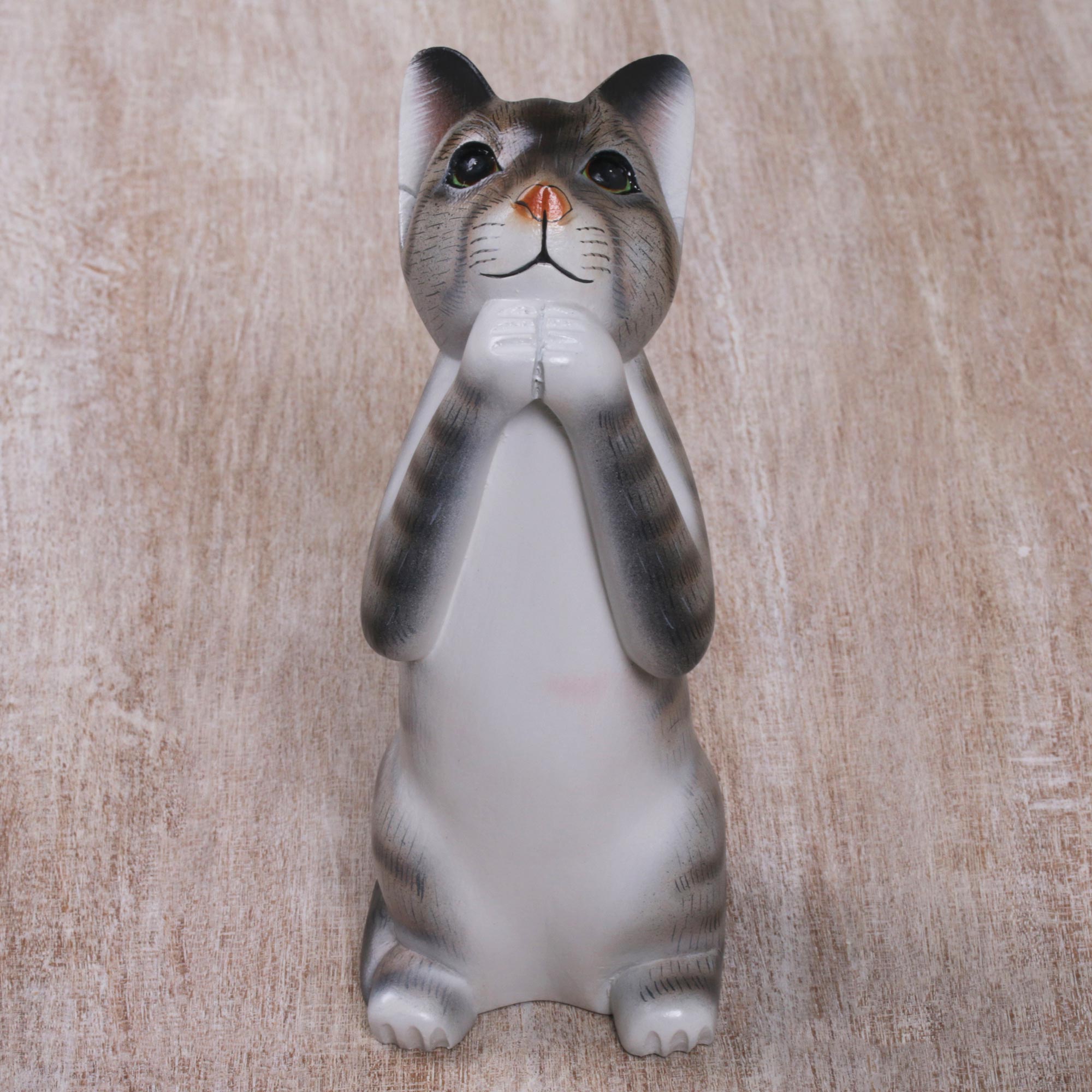 Premium Grey Wishing Cat Sculpture – Handcrafted Suar Wood Art from Bali