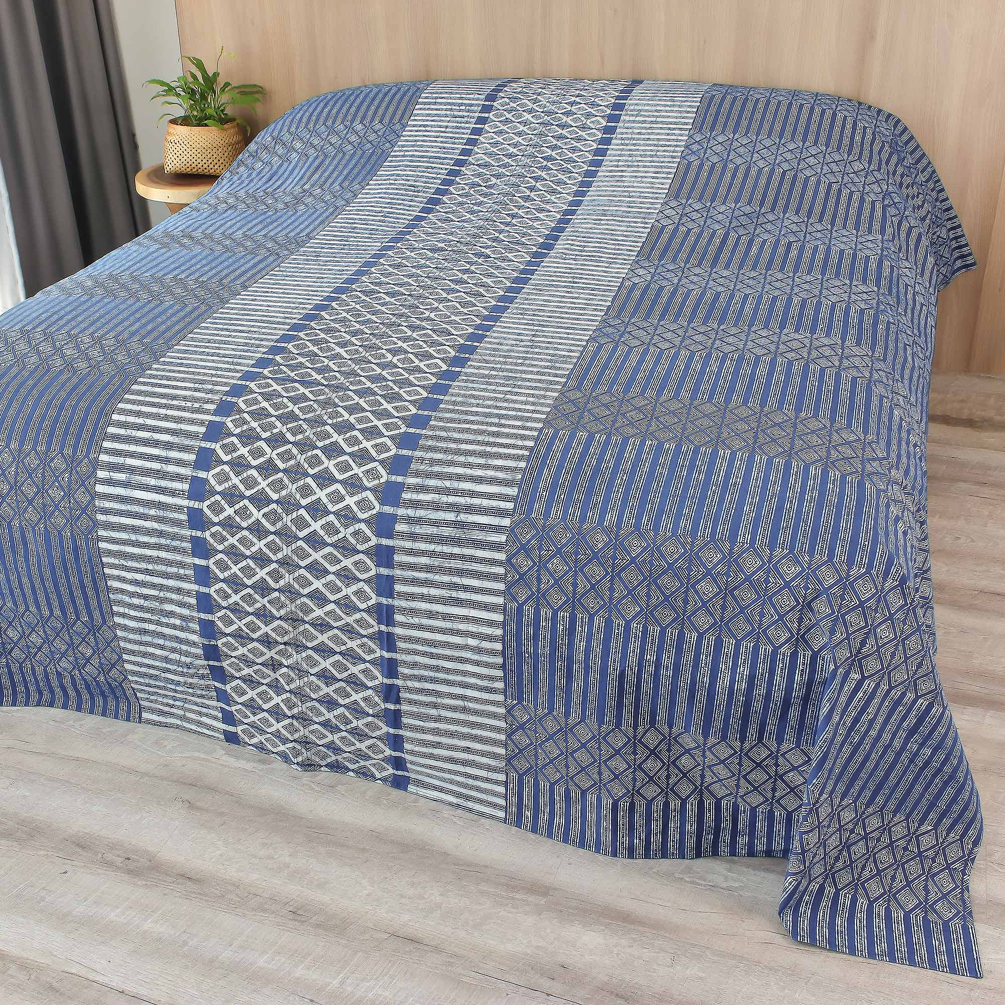 Premium Handcrafted Indigo Batik Cotton Queen Bedspread – Geometric Elegance