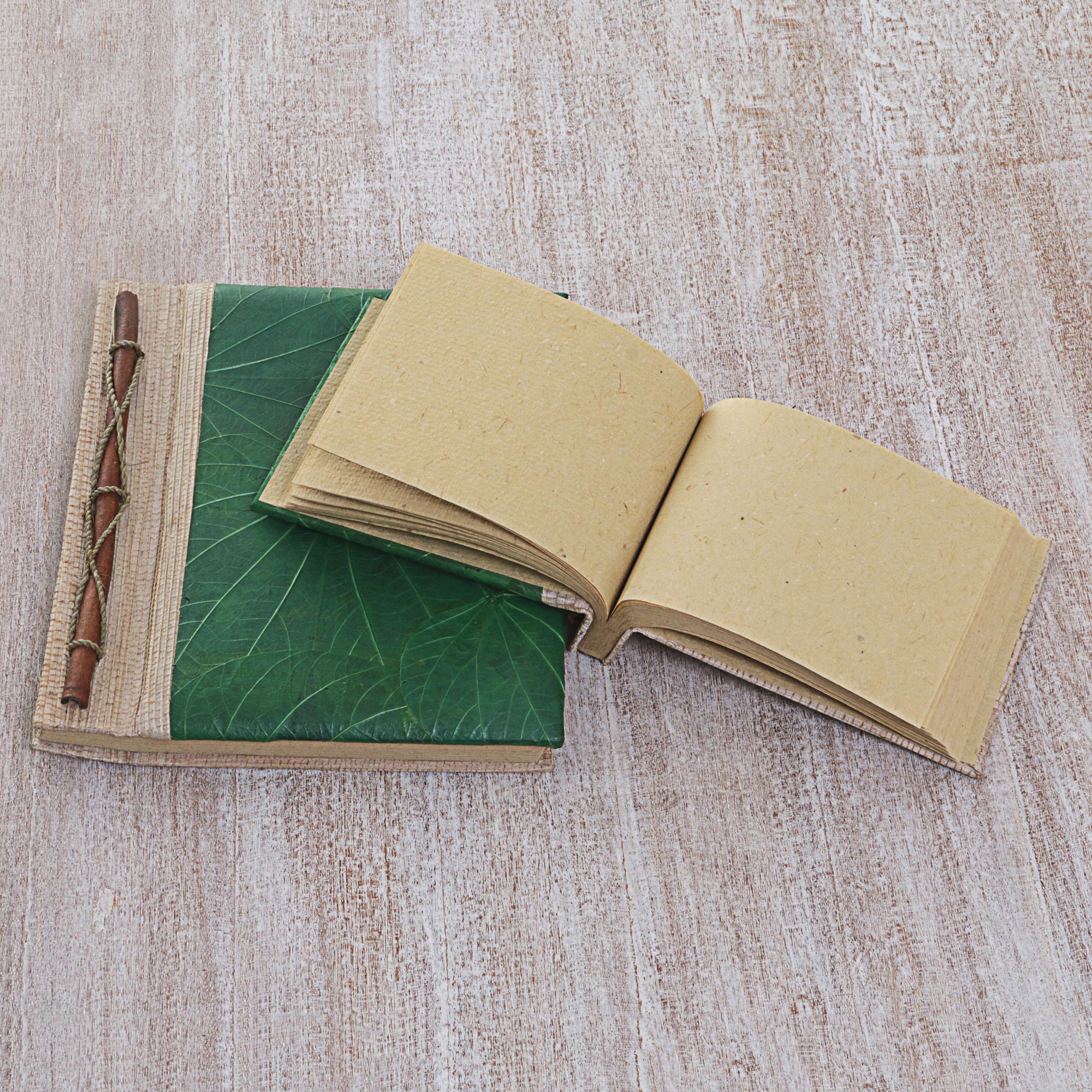 Premium Handcrafted Green Autumn Spirit Rice Paper Notebooks - Eco-Friendly Pair from Indonesia