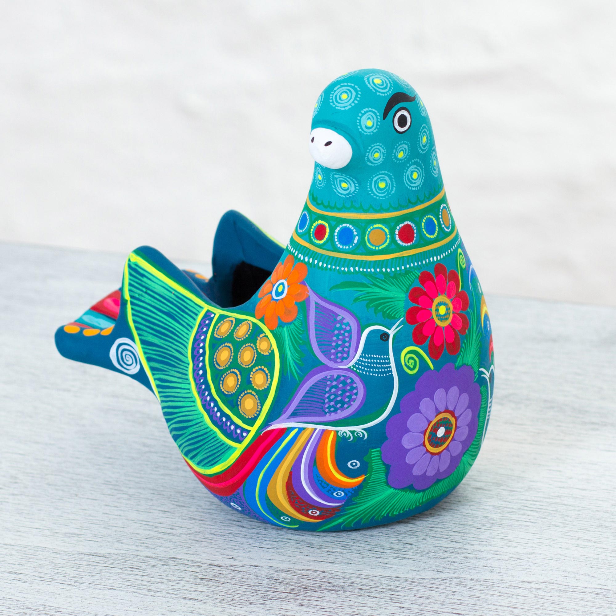 Premium Teal Dove Ceramic Sculpture - Hand-Painted Floral Art from Mexico