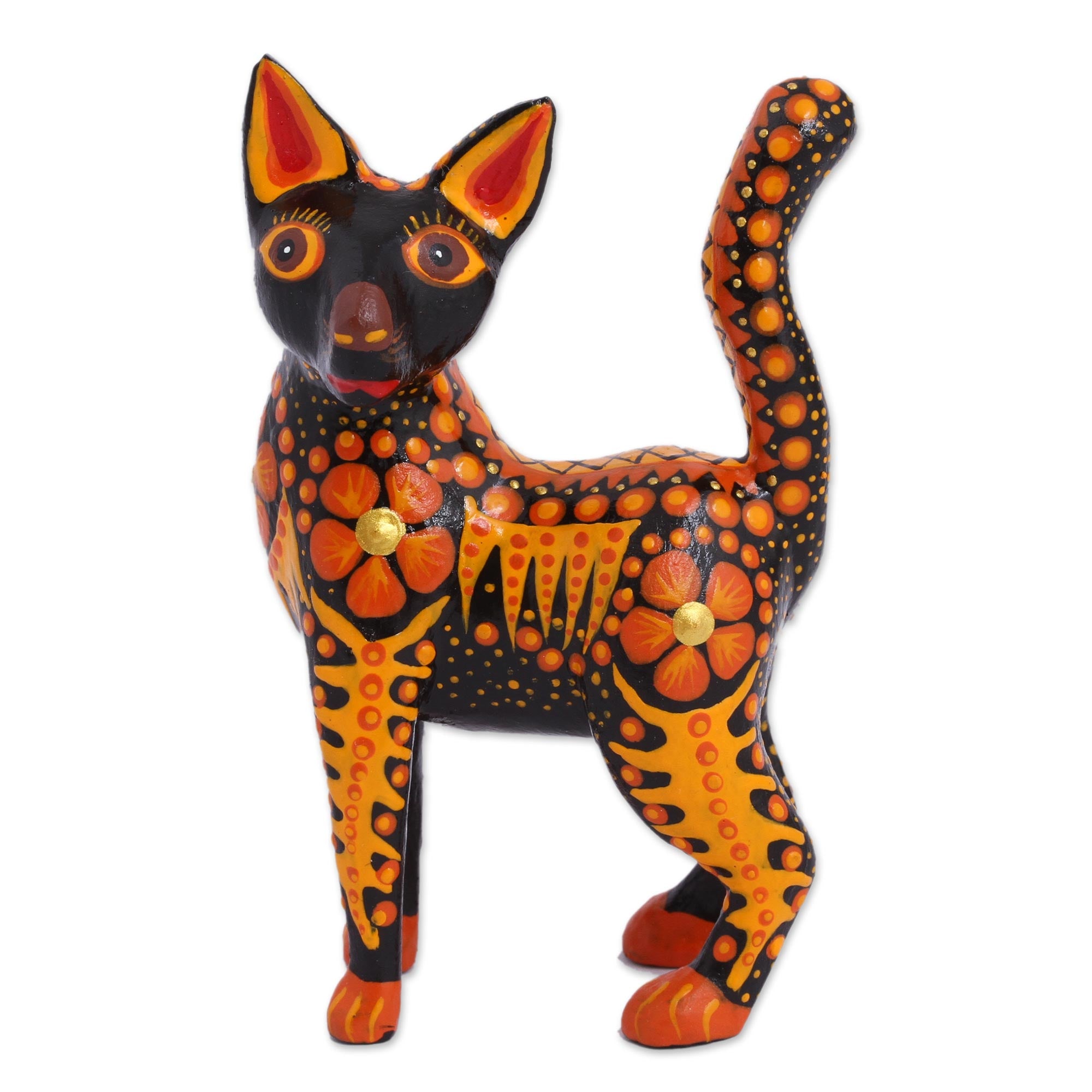 Premium Handcrafted Fiery Cat Alebrije Figurine - Orange Mexican Folk Art