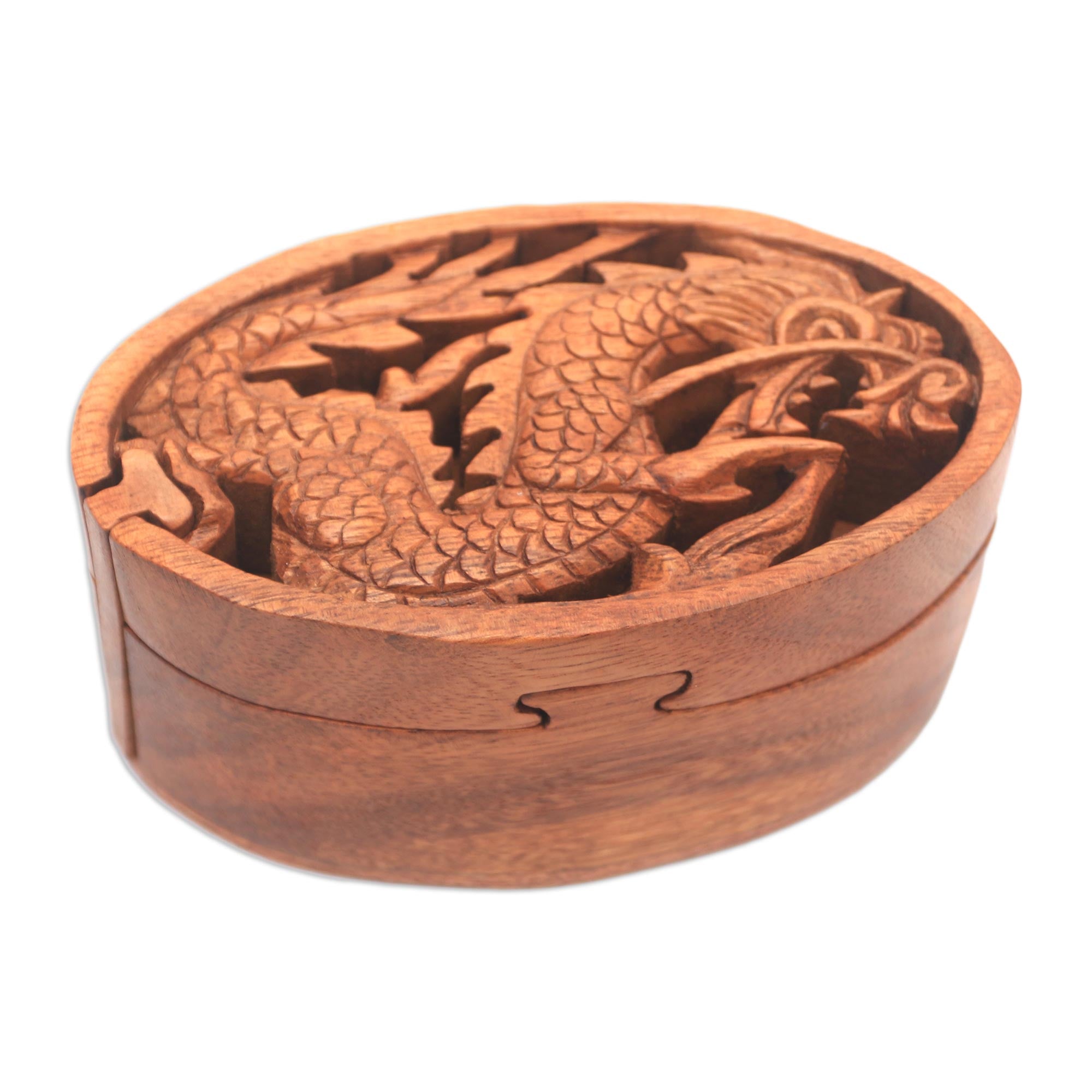 Premium Dragon-Themed Suar Wood Puzzle Box - Handcrafted Oval Design from Bali