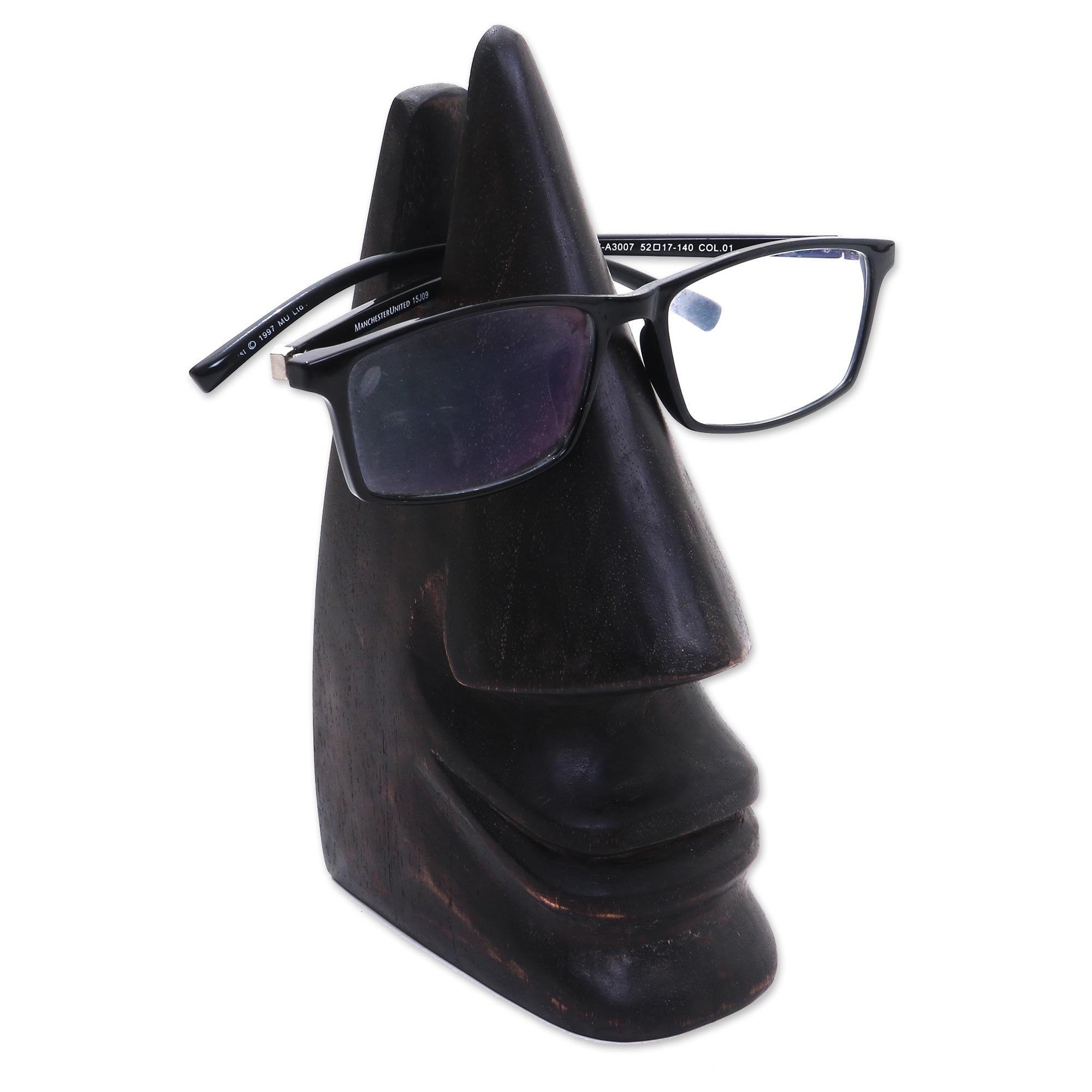 Premium Whimsical Dark Brown Wooden Eyeglass Holder - Hand Carved Nose Design