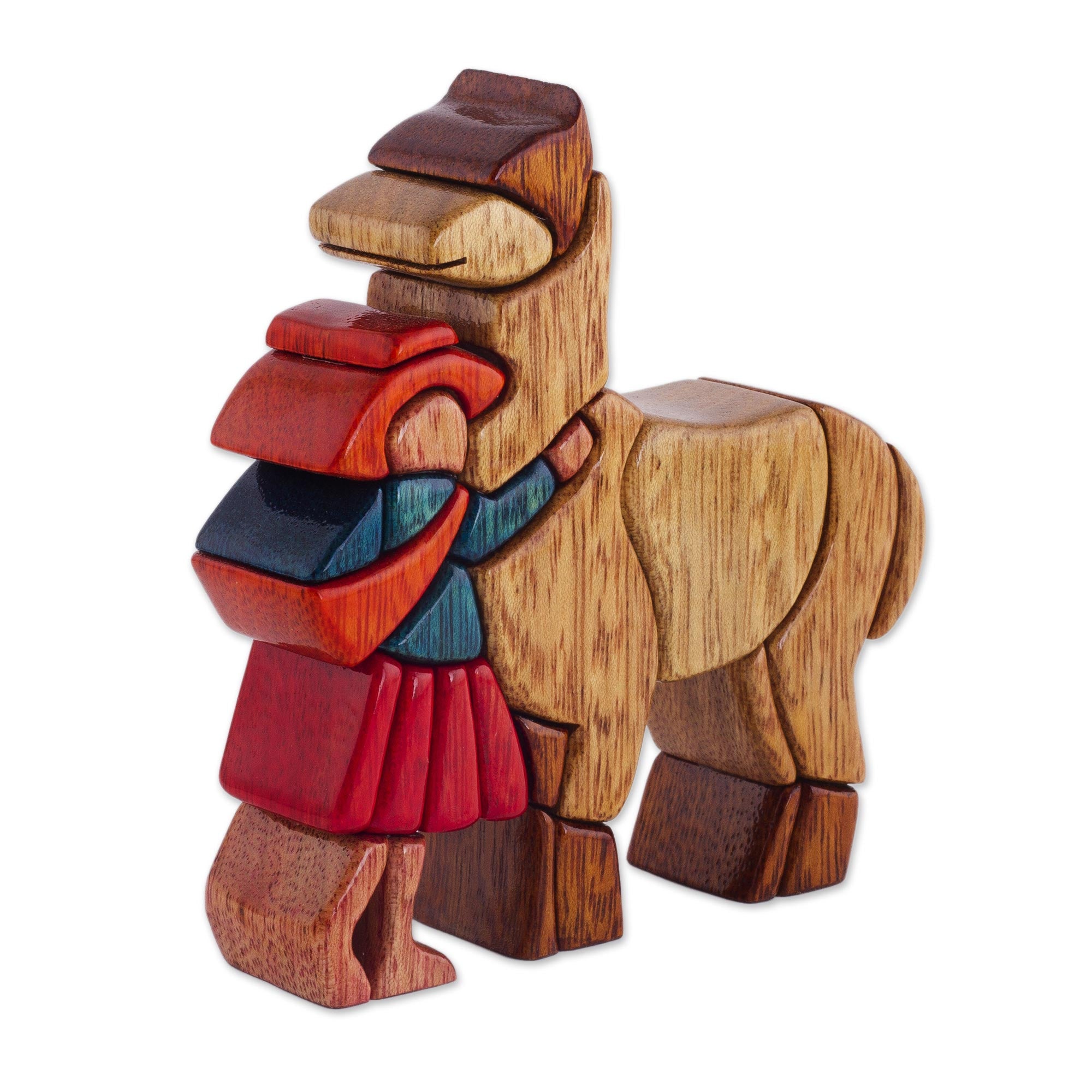 Premium Hand-Carved Llama & Girl Sculpture - Cedar & Mahogany Art Piece