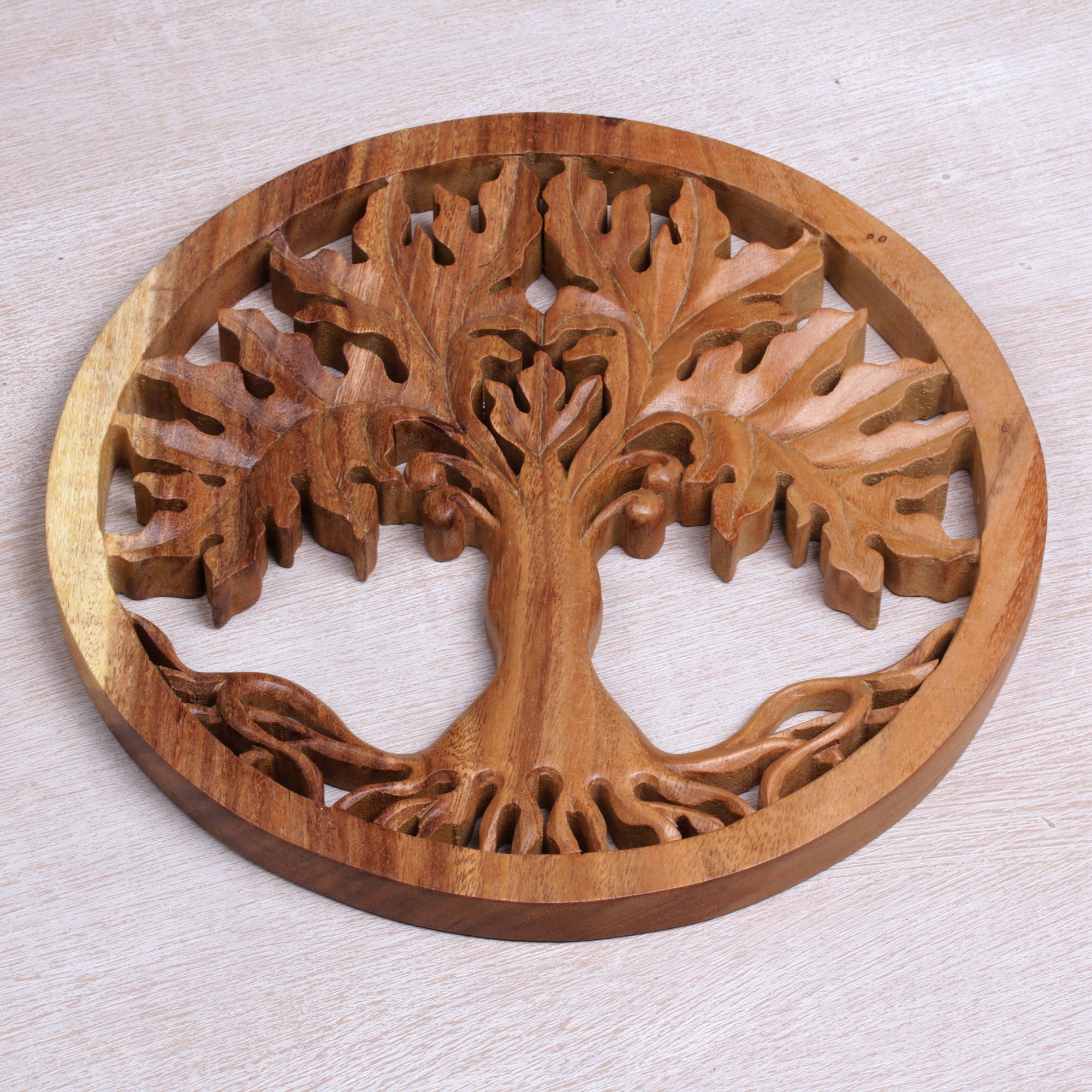 Premium Hand-Carved Suar Wood Fertility Tree Wall Art – Bali Inspired Round Relief Panel