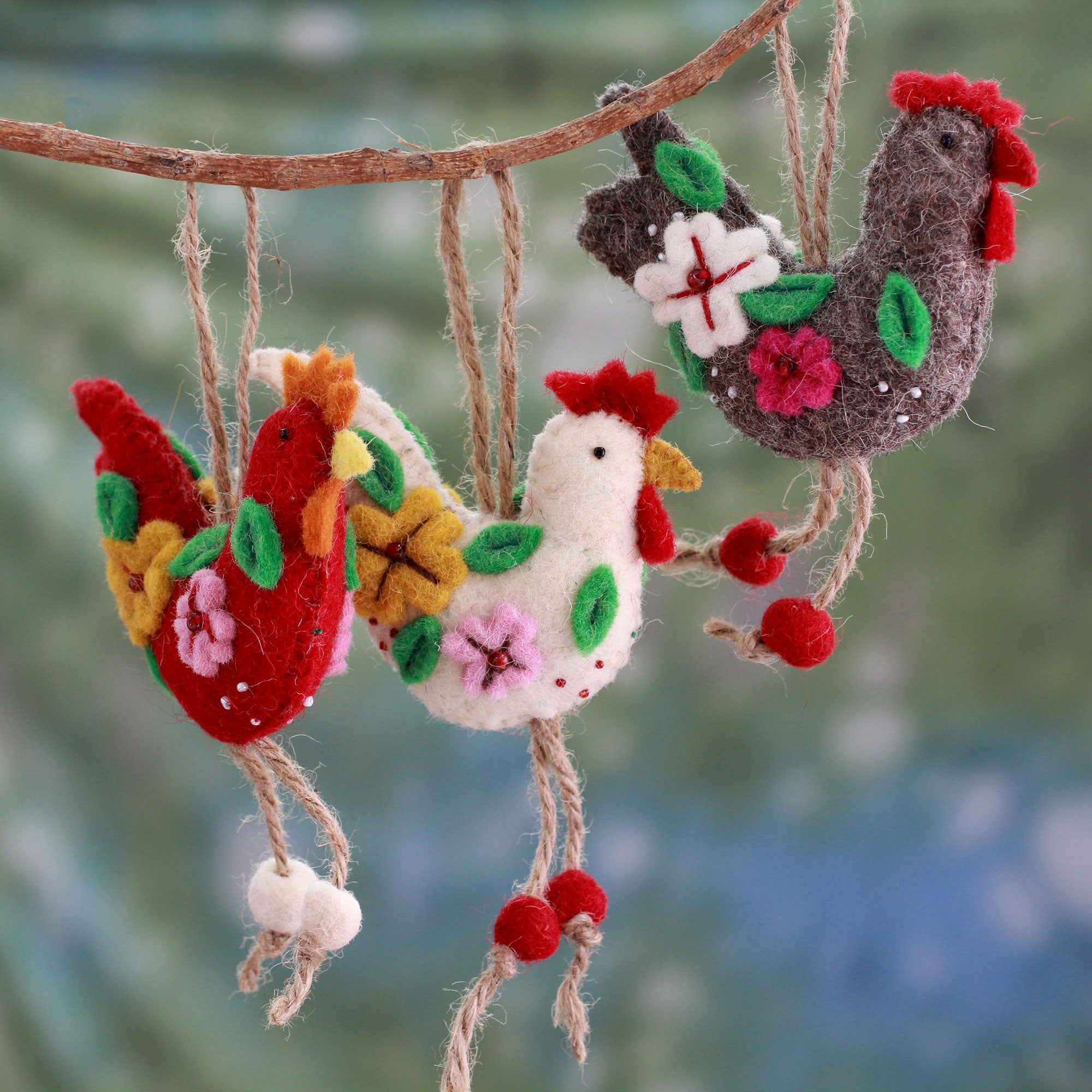 Premium Handcrafted French Hens Wool Felt Ornaments – Set of 3