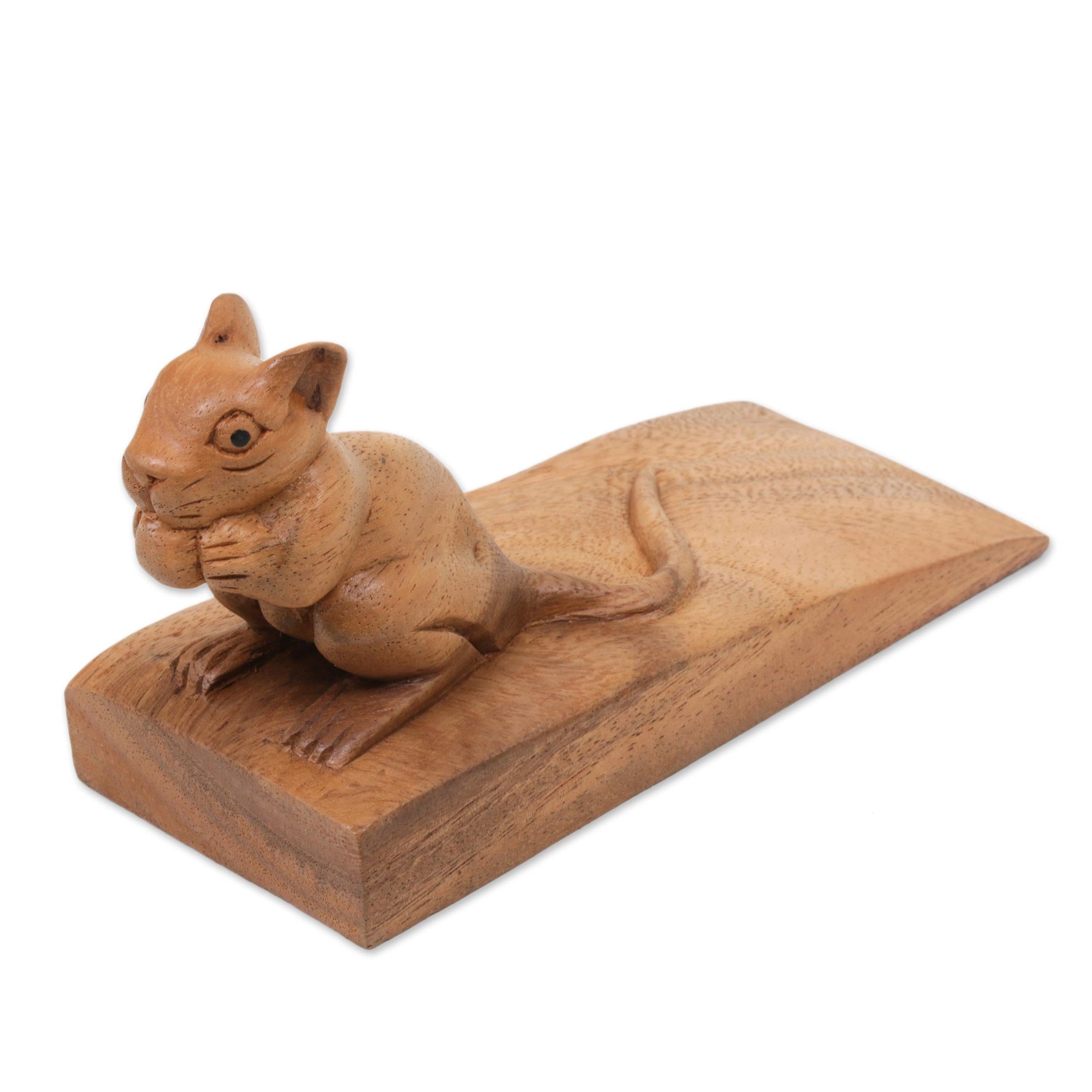 Premium Hand-Carved Wooden Mouse Door Stopper - Natural Brown Finish