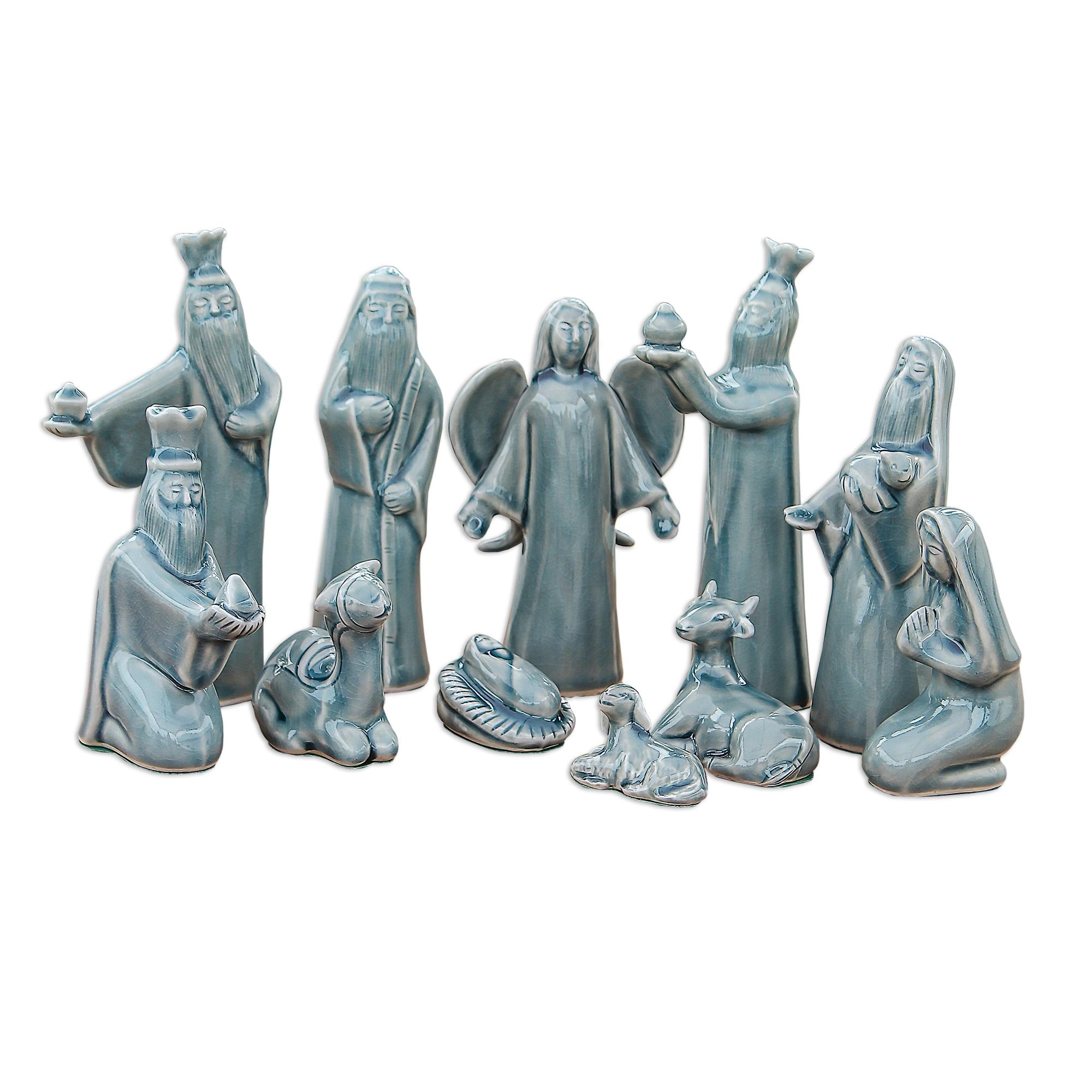 Premium Blue Celadon Ceramic Nativity Set - Handcrafted Christmas Scene (11 Pieces)